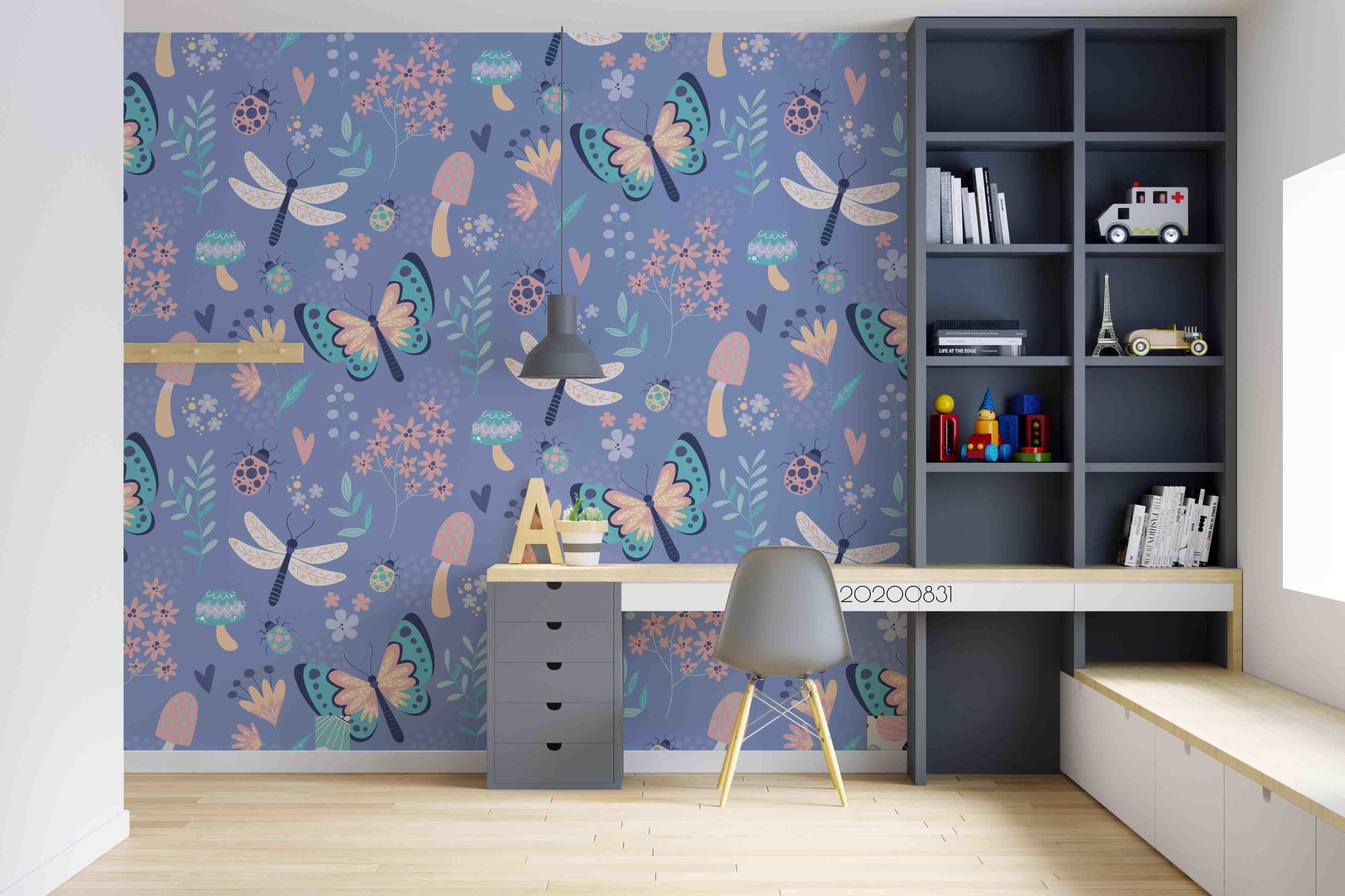 3D Hand Sketching Butterfly Dragonfly Floral Insect Wall Mural Wallpaper LXL 1425- Jess Art Decoration