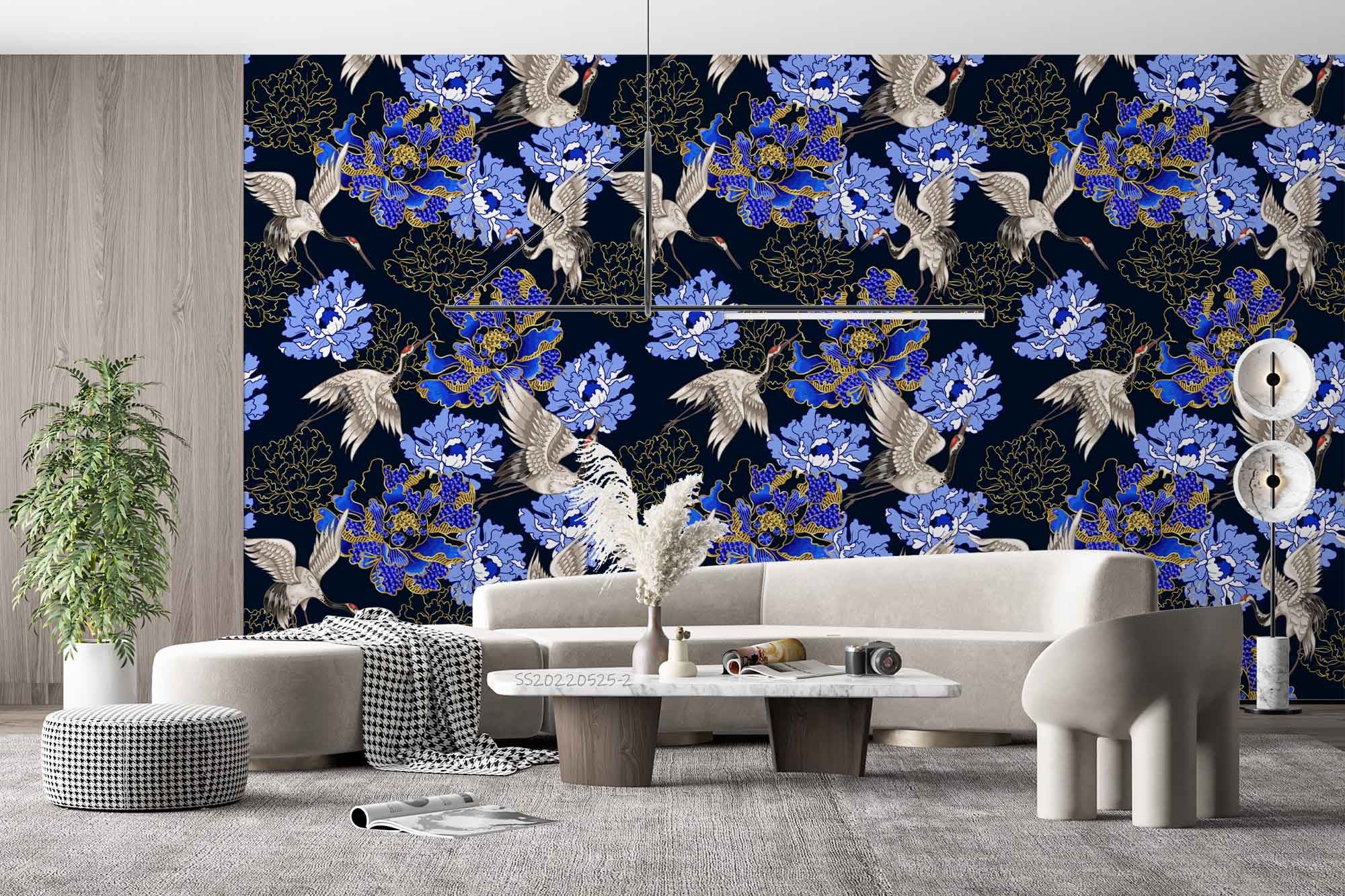 3D Vintage Blue Floral Crane Pattern Wall Mural Wallpaper GD 176- Jess Art Decoration