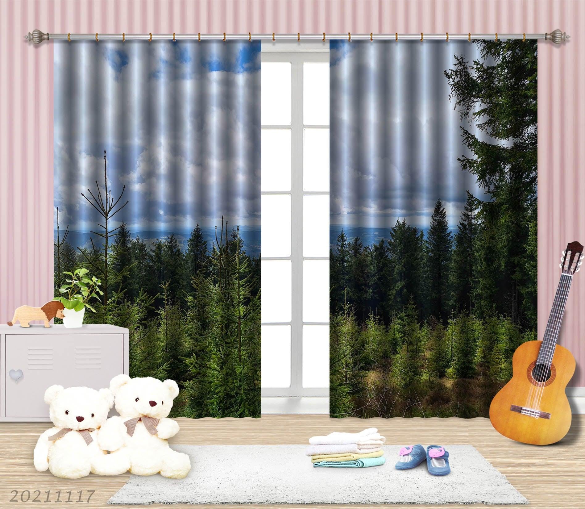 3D Sky Green Forest Landscape Curtains and Drapes LQH 227- Jess Art Decoration