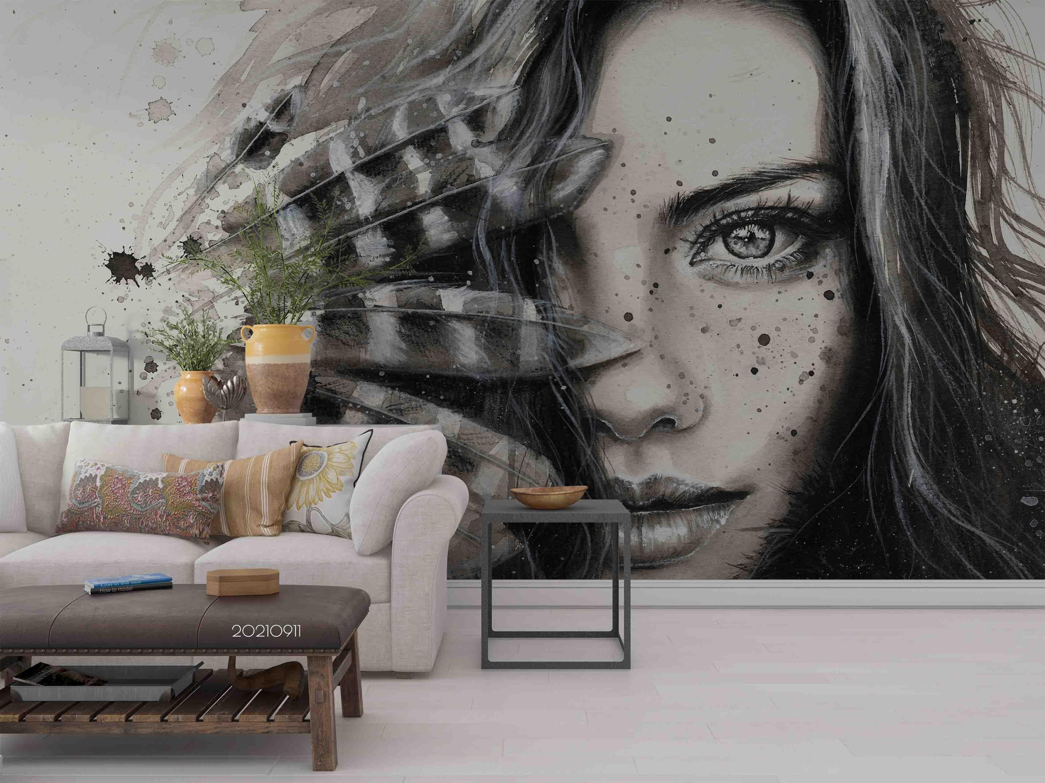 3D Graffiti Grey Feather Woman Wall Mural Wallpaper LQH 821- Jess Art Decoration