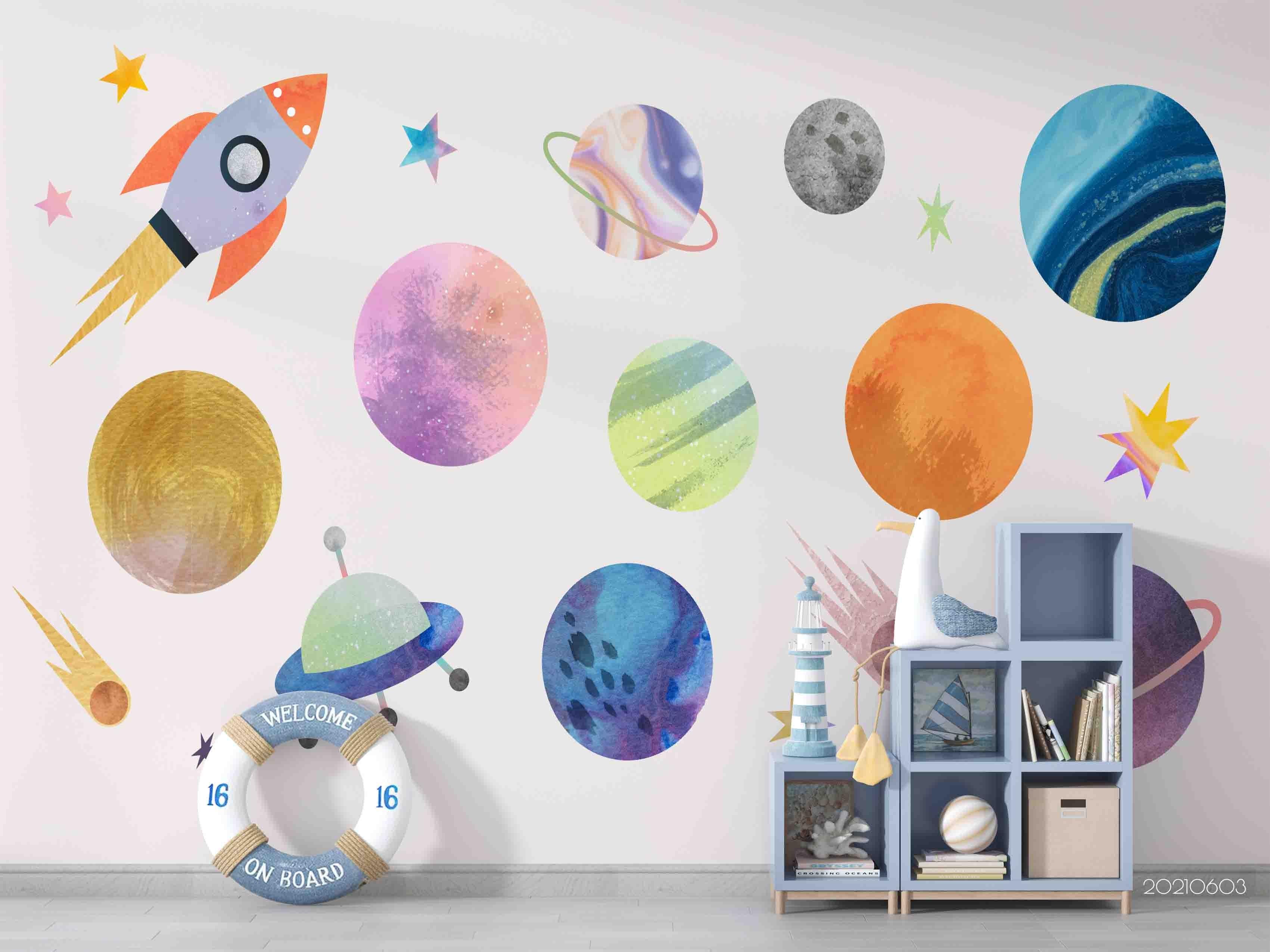3D Watercolor Galaxy Planet Spaceship Wall Mural Wallpaper SWW568- Jess Art Decoration