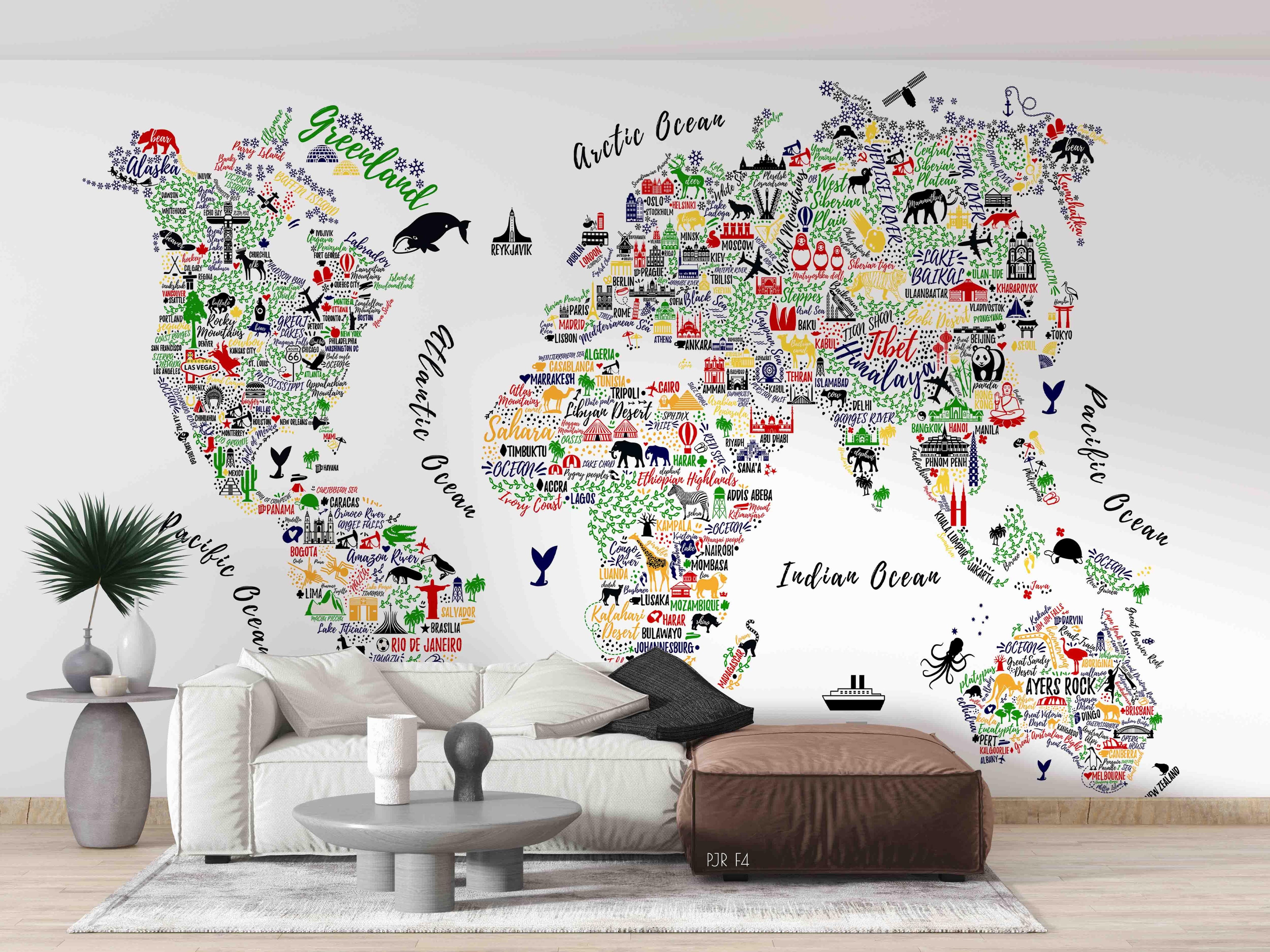 3D World Map Aninmal Wall Mural Wallpaper WJ 5249- Jess Art Decoration
