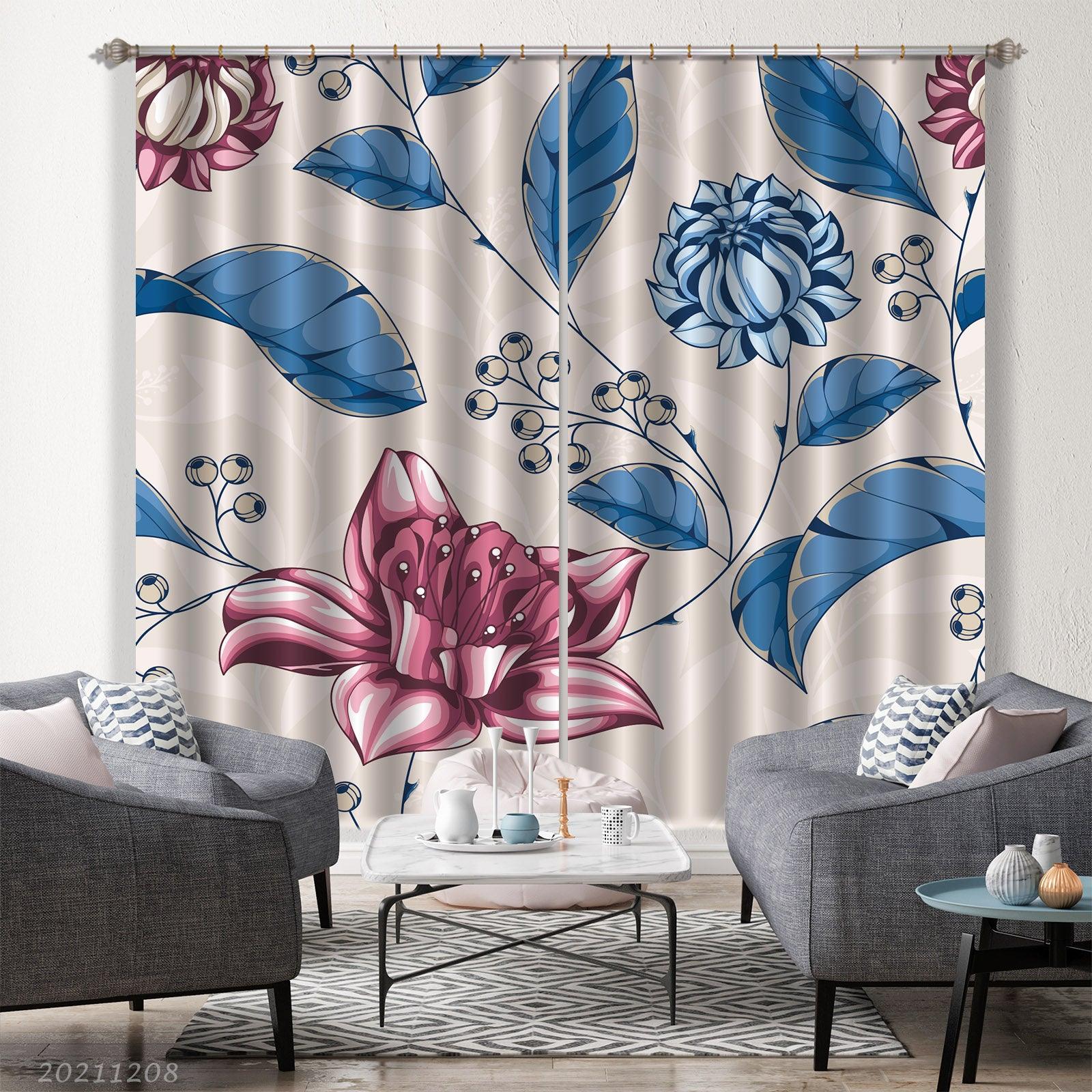 3D Hand Drawn Floral Peony Blue Curtains and Drapes LLL 670- Jess Art Decoration