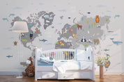 3D grey animals world map wall mural wallpaper 05- Jess Art Decoration