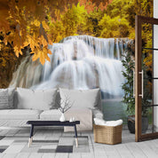 3D Waterfall Plant Maple Leaf Golden Landscape Wall Mural Wallpaper LLL 1792- Jess Art Decoration