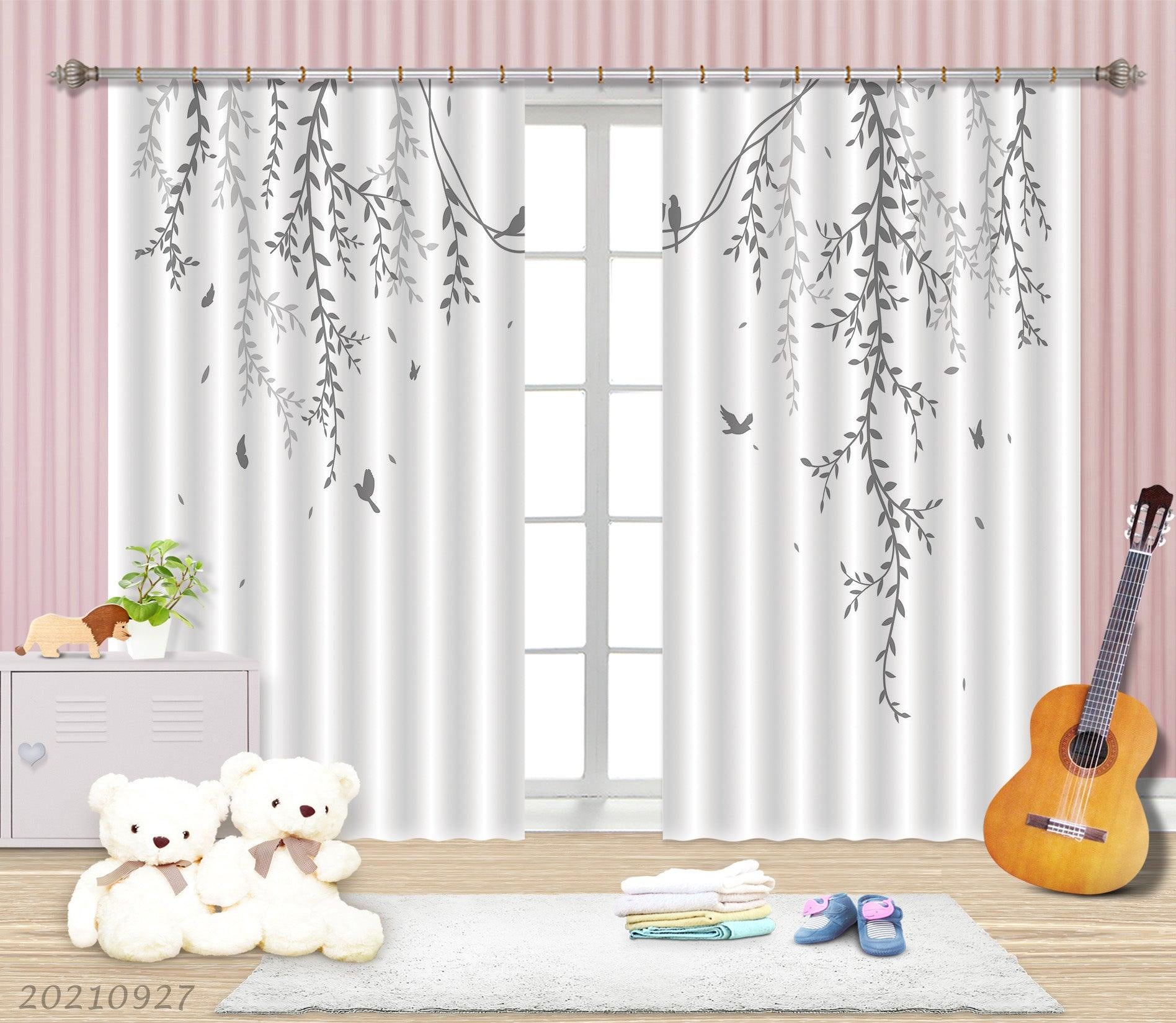 3D Watercolor Grey Leaf Bird Curtains and Drapes LQH 167- Jess Art Decoration