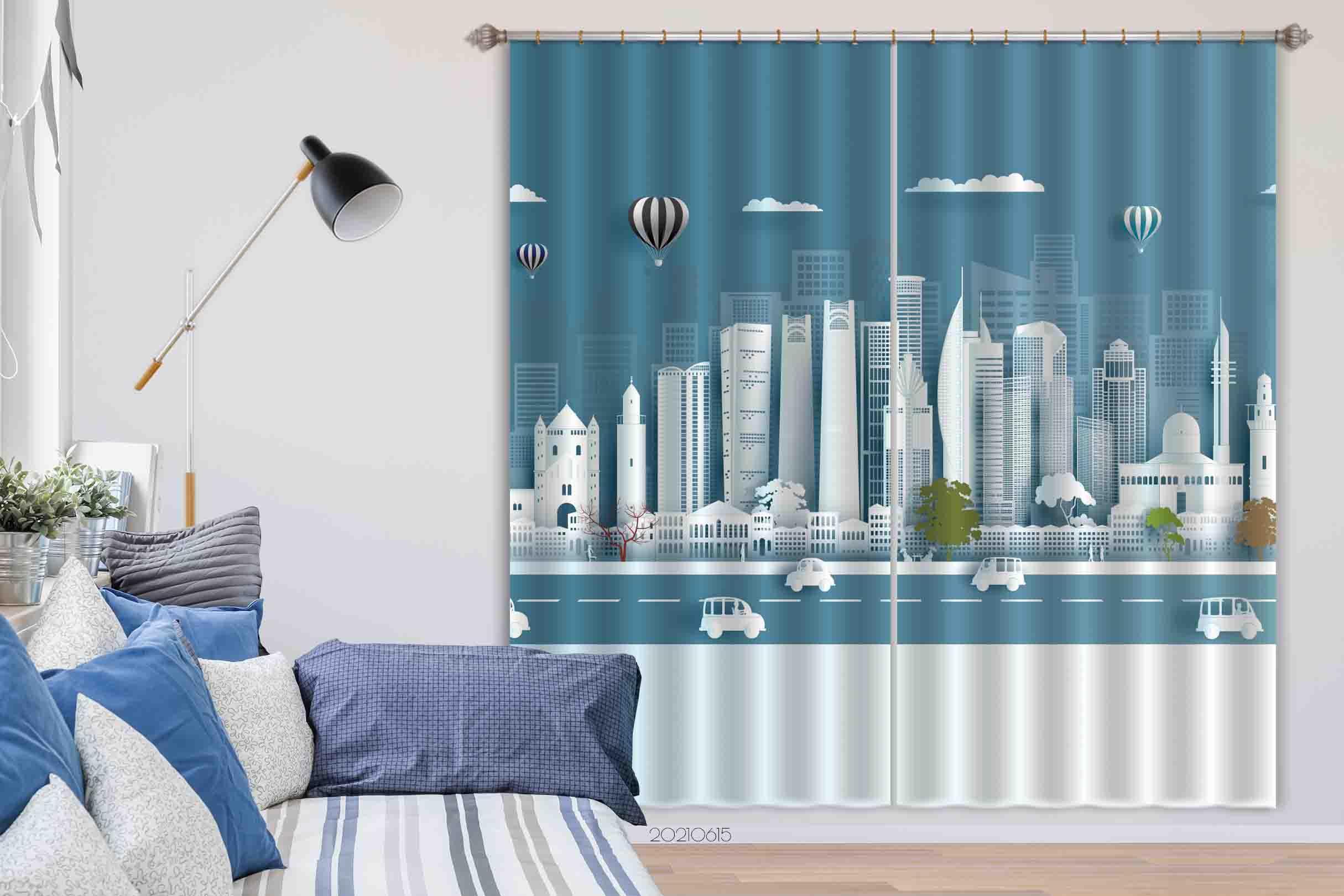 3D Abstract Building City Road Car Hot Air Balloon White Curtains and Drapes LLL 434- Jess Art Decoration