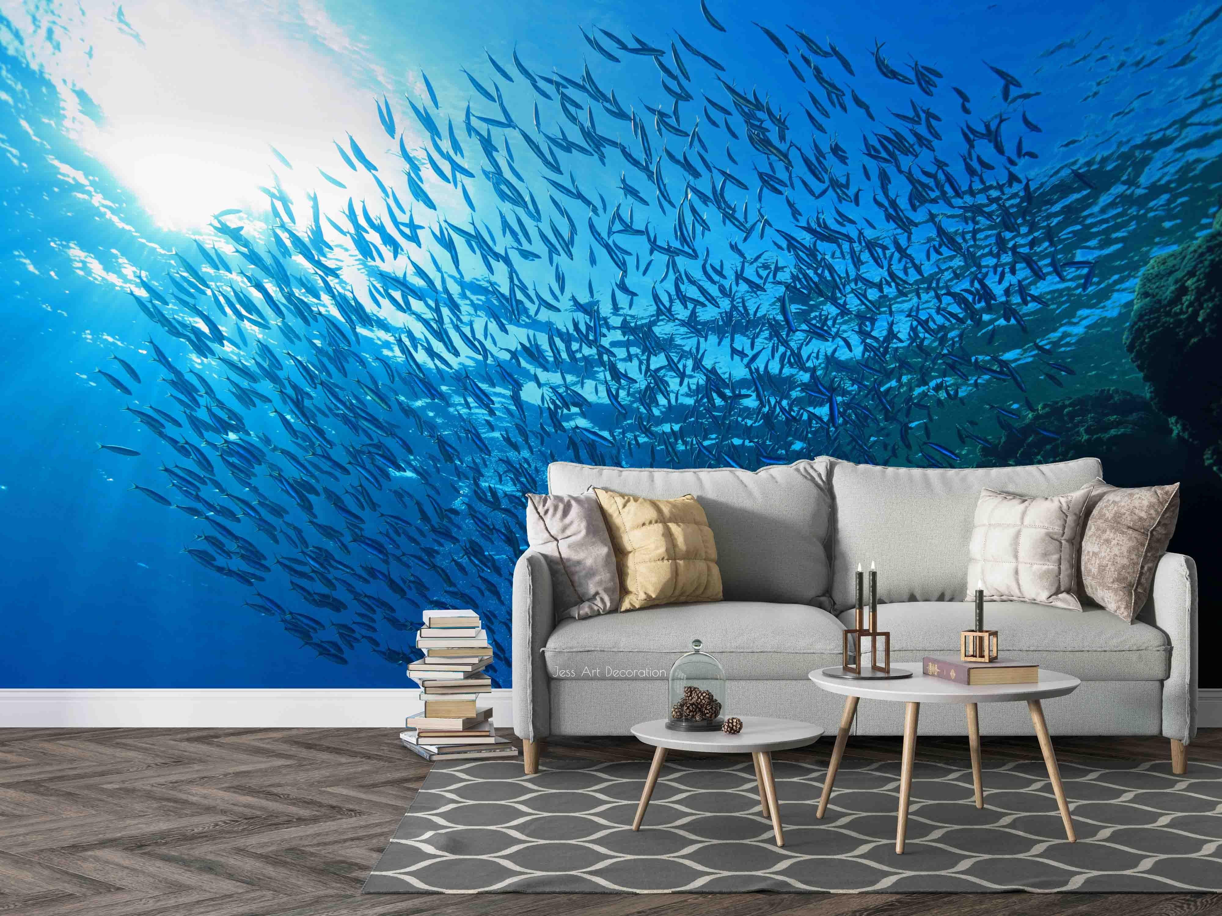 3D Blue Seabed Fish School Sunshine Wall Mural Wallpaper GD 2288- Jess Art Decoration