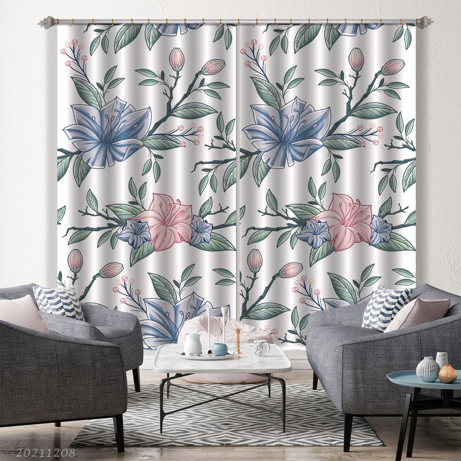 3D Hand Drawn Floral Blue Curtains and Drapes LLL 696- Jess Art Decoration