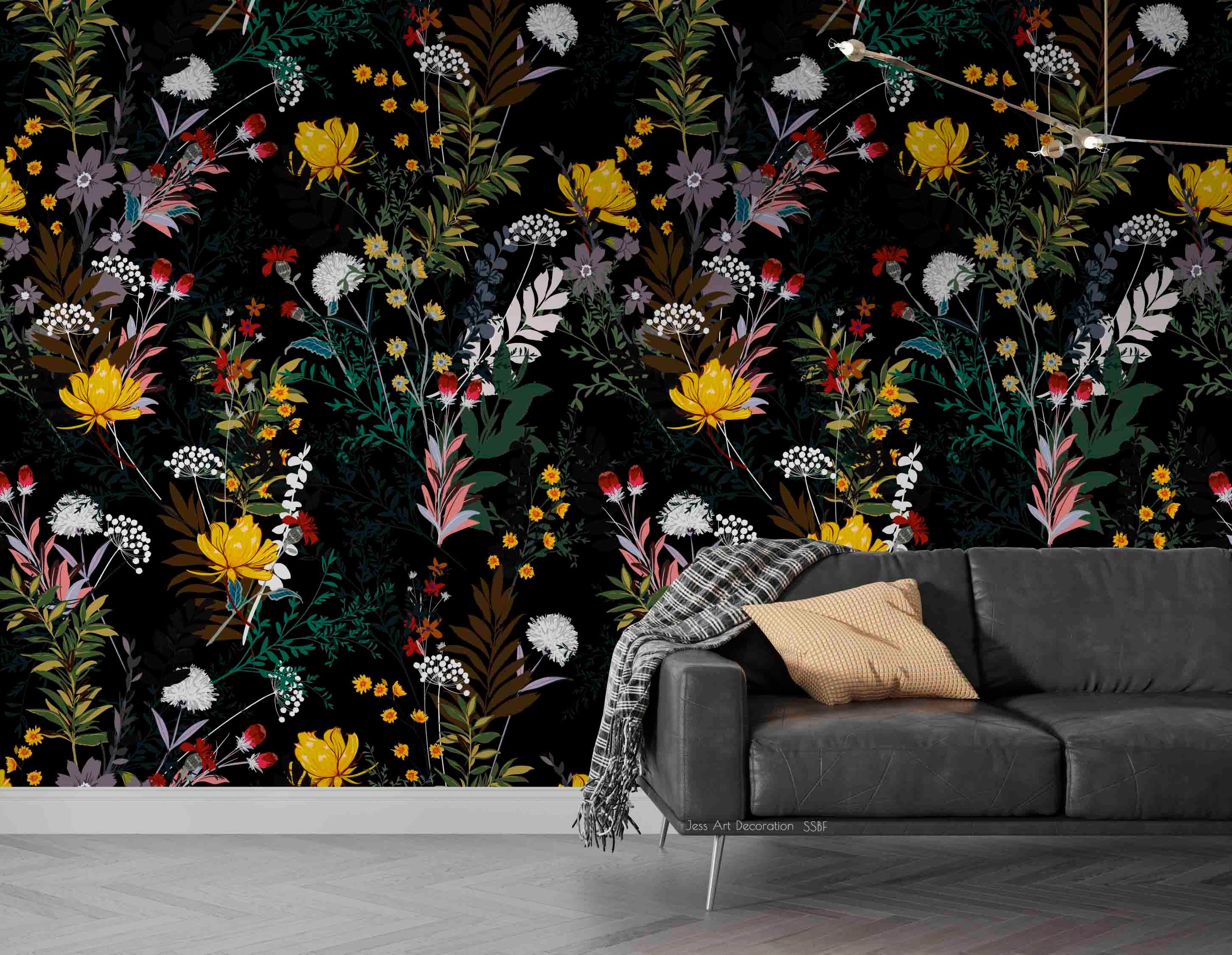 3D Vintage Watercolor Plants Leaves Flowers Black Background Wall Mural Wallpaper GD 3597- Jess Art Decoration