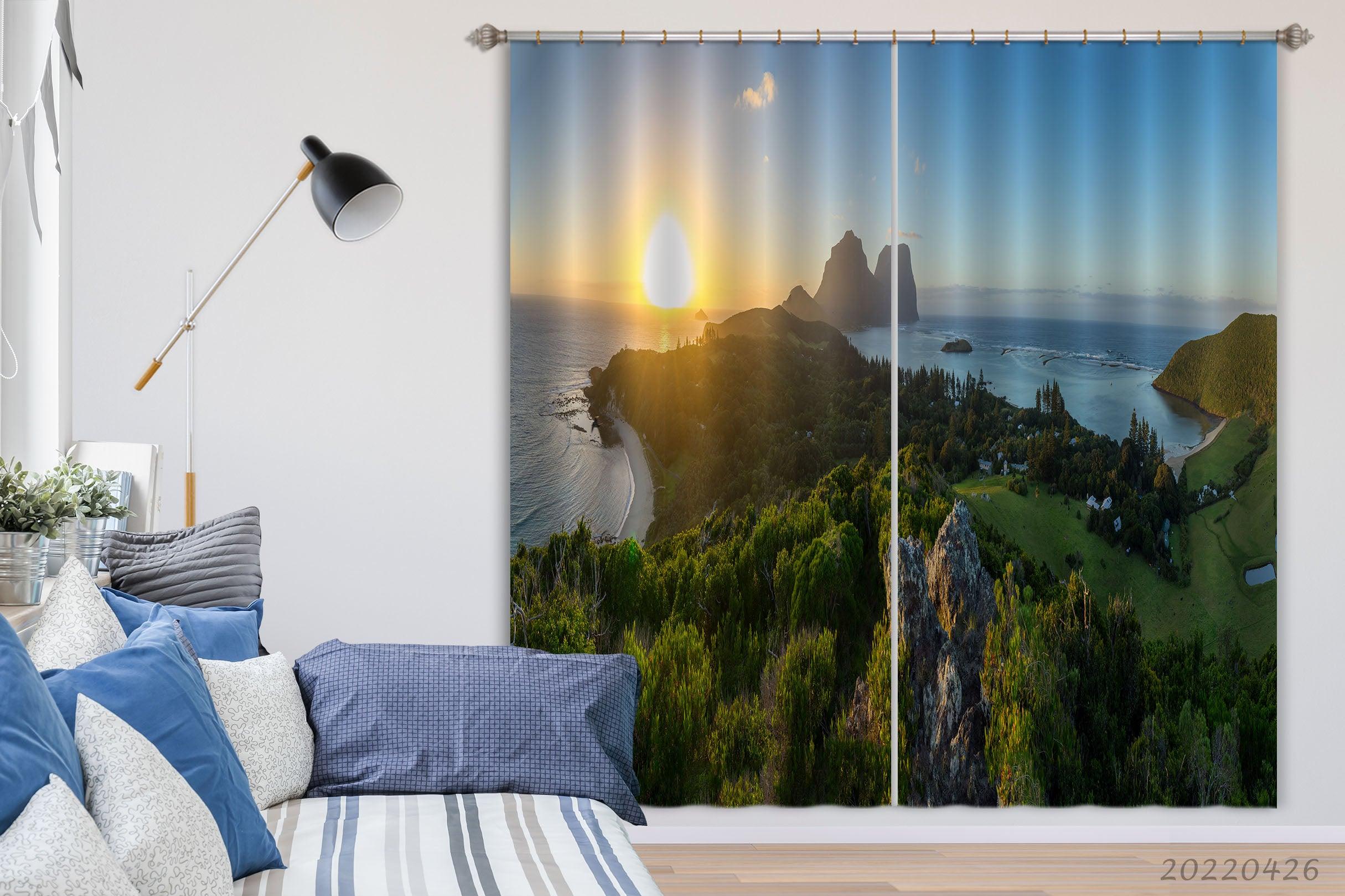 3D Landscape Mountain Green Forest Sea Sunrise Curtains and Drapes GD 4862- Jess Art Decoration