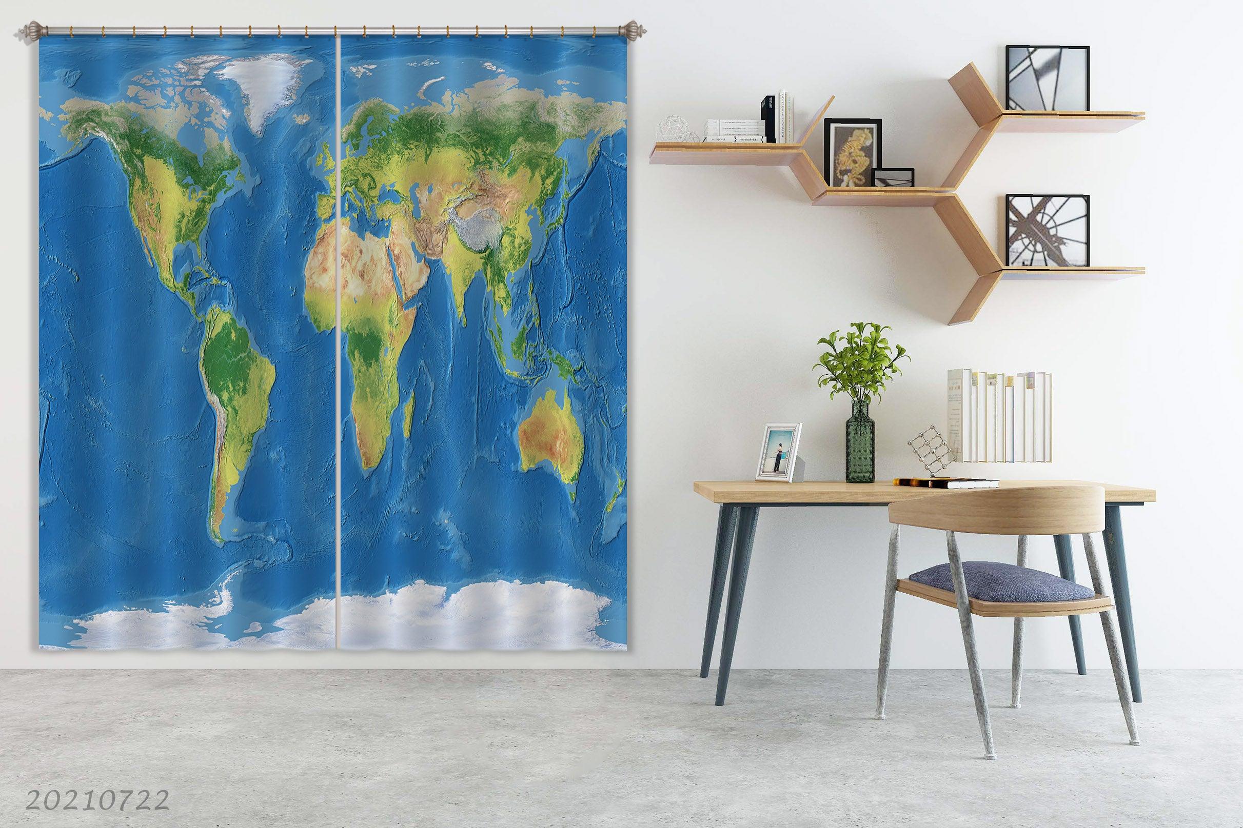 3D Blue World Map Curtains and Drapes LQH 555- Jess Art Decoration