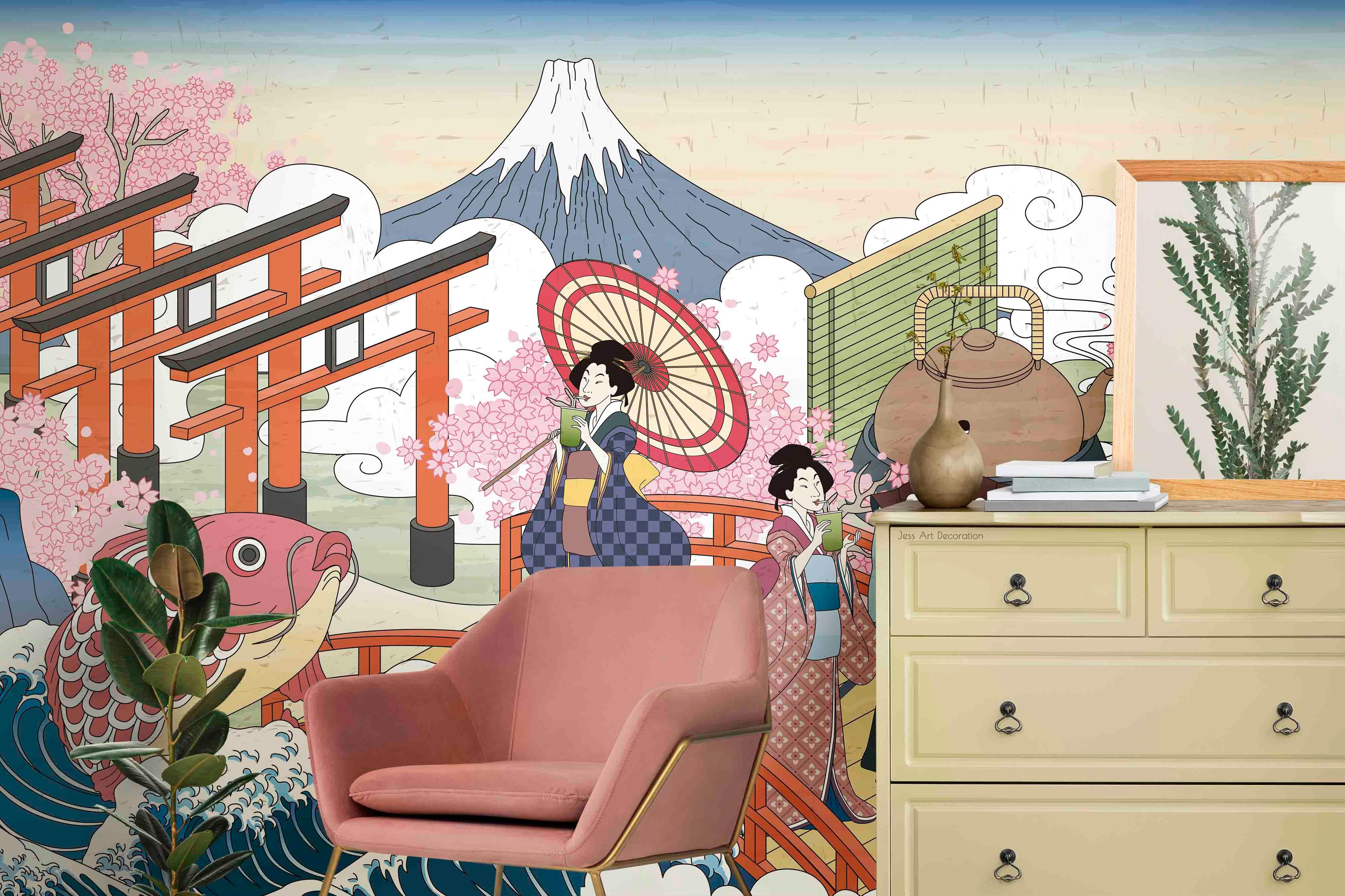 3D Japanese Sakura Travel Japanese sakura travel illustration wall mural wallpaper for bedroom - view 4