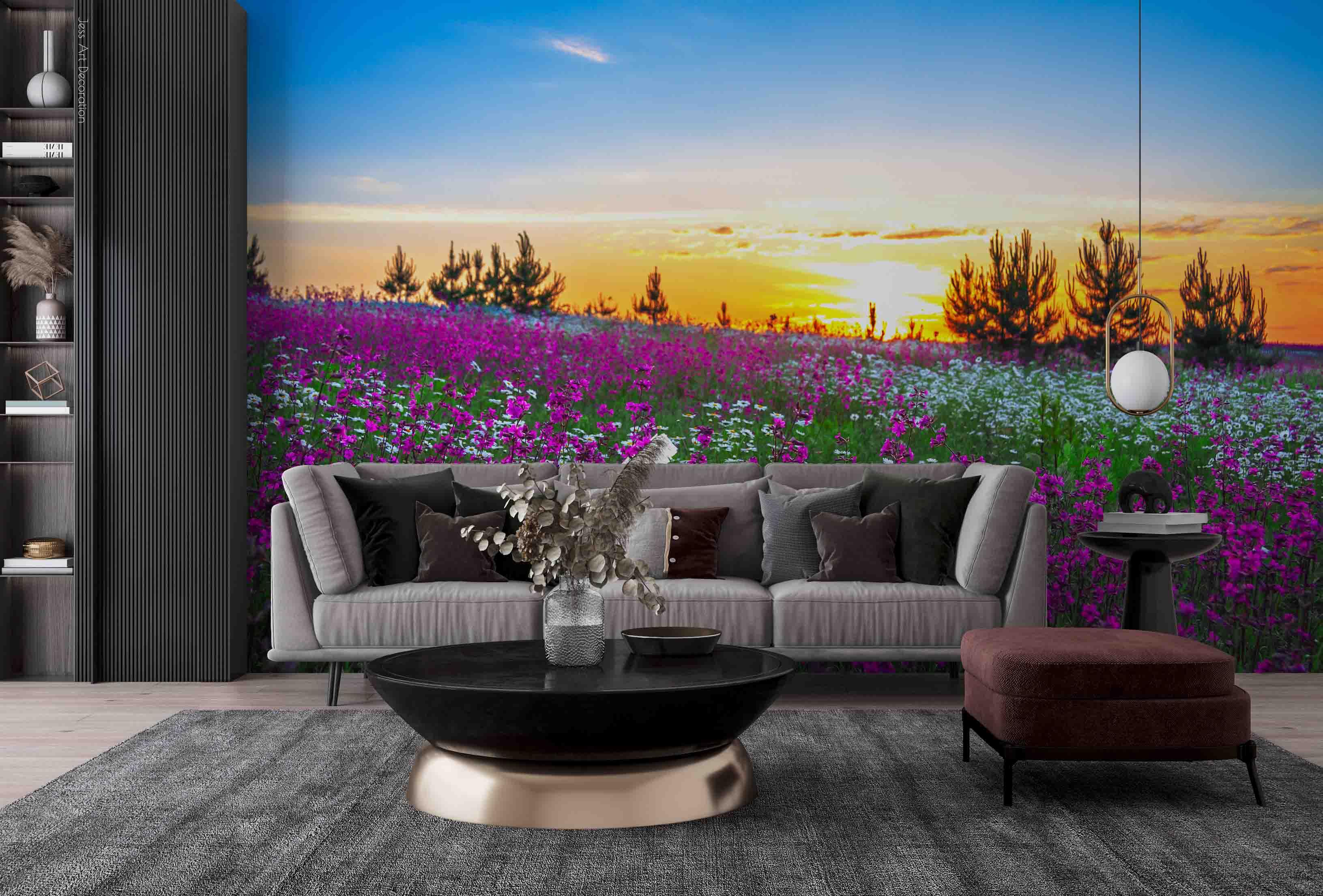 3D Field Landscape Purple White Flower Tree Sunset Blue Sky White Cloud Wall Mural Wallpaper GD 2287- Jess Art Decoration
