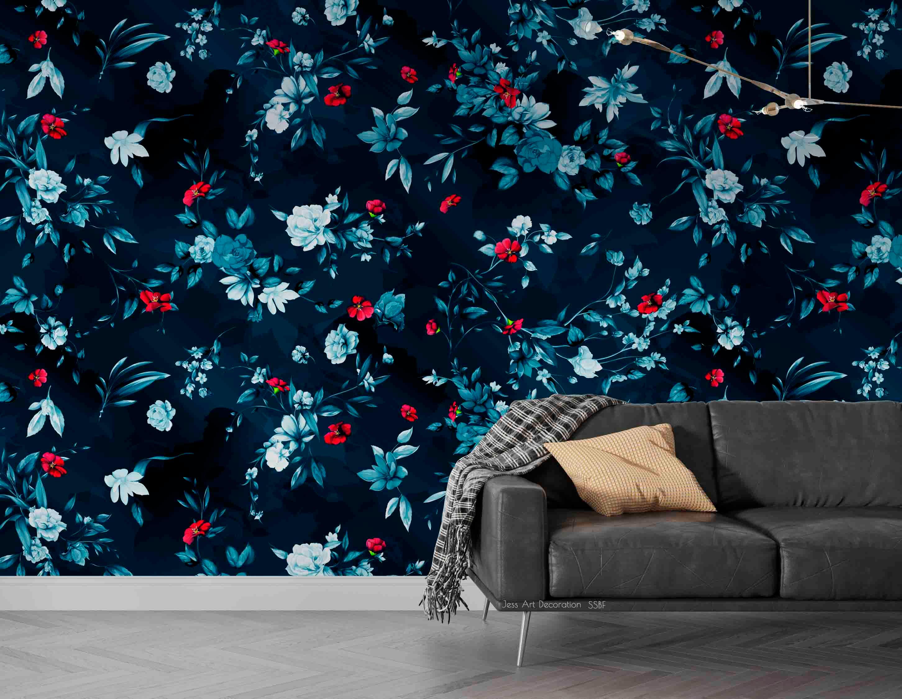 3D Vintage Idyllic Blue Flowers Black Background Wall Mural Wallpaper GD 3610- Jess Art Decoration