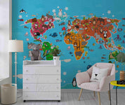 3D Cartoon Blue World Animal Map Wall Mural Wallpaper LQH 256- Jess Art Decoration