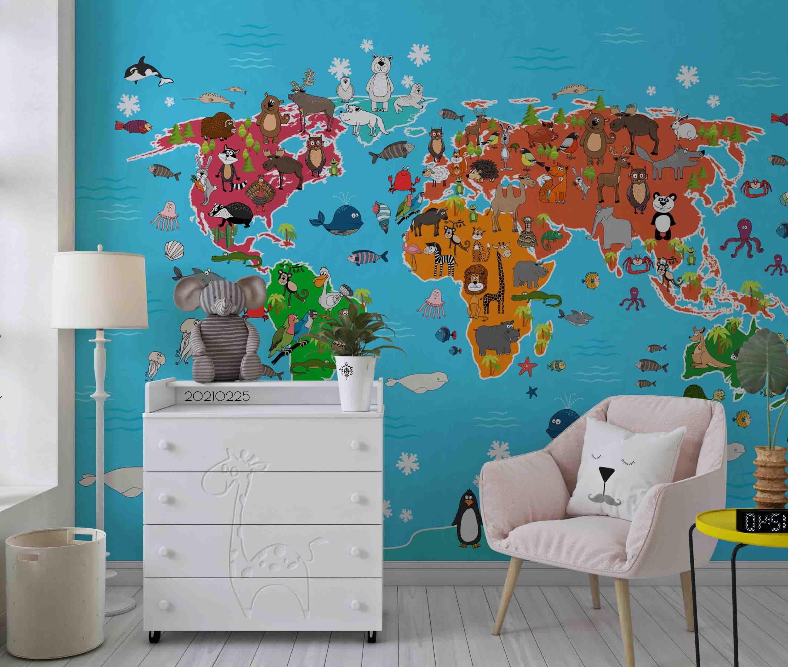 3D Cartoon Blue World Animal Map Wall Mural Wallpaper LQH 256- Jess Art Decoration