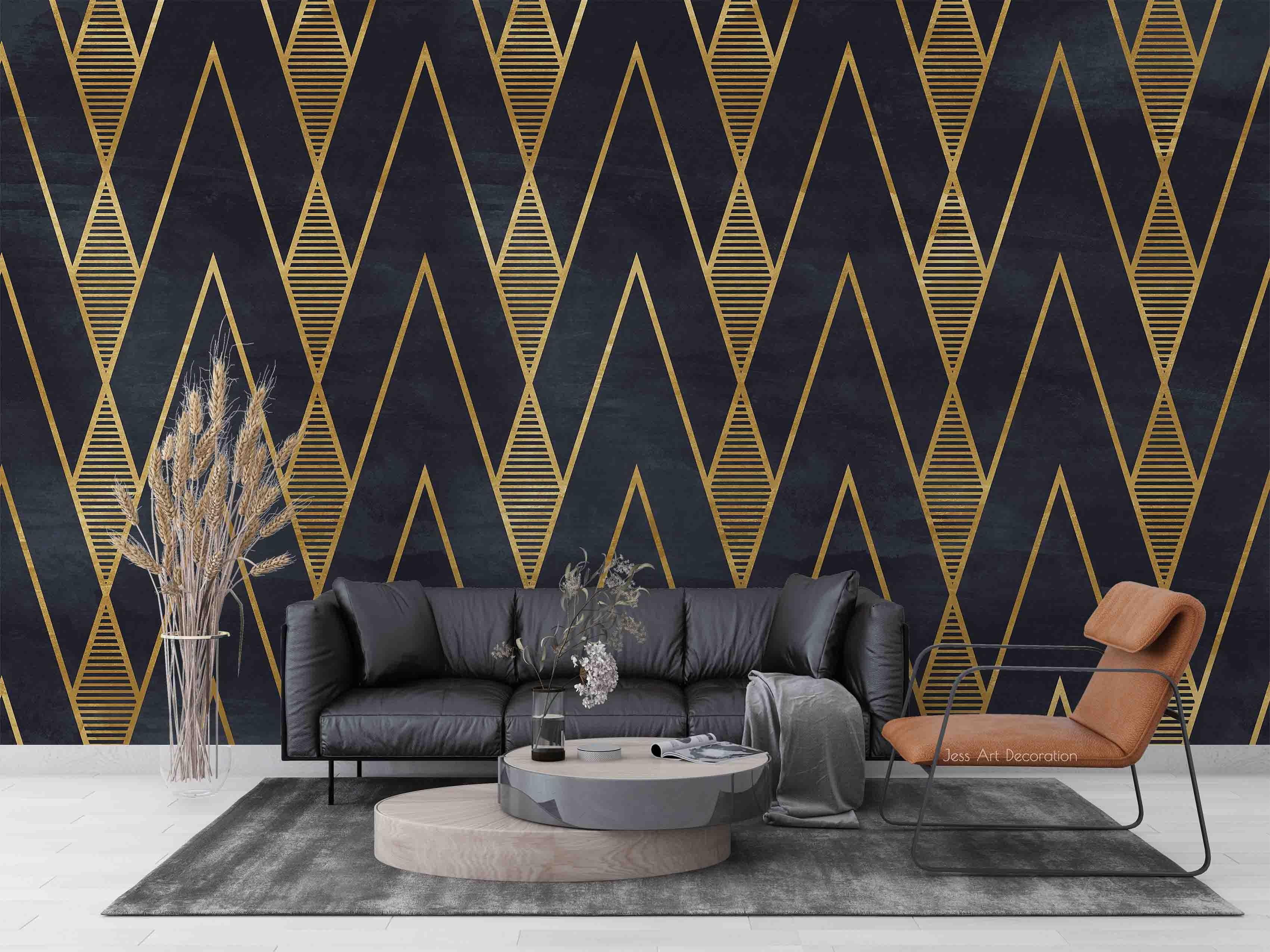 3D Black Gold Geometric Lines black gold geometric line pattern wall mural wallpaper for living room - view 4