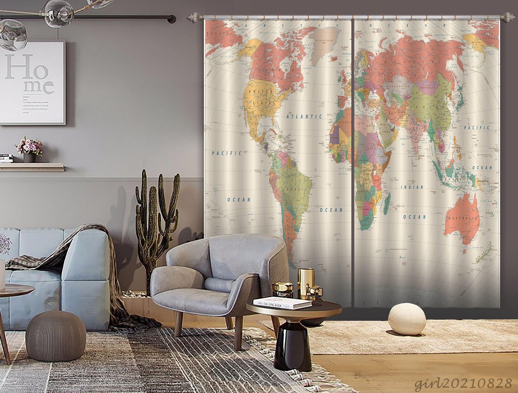 3D Color World Map Curtains and Drapes LQH 101- Jess Art Decoration