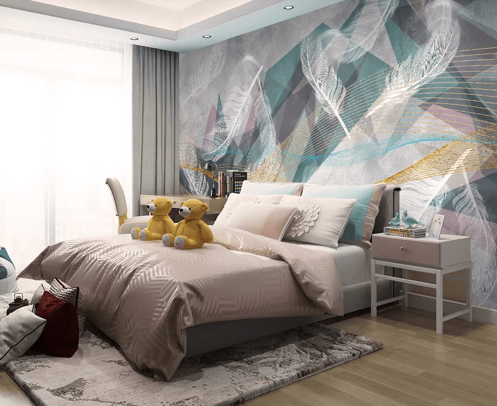 3D Golden Lines Geometric Feather Wall Mural 250- Jess Art Decoration