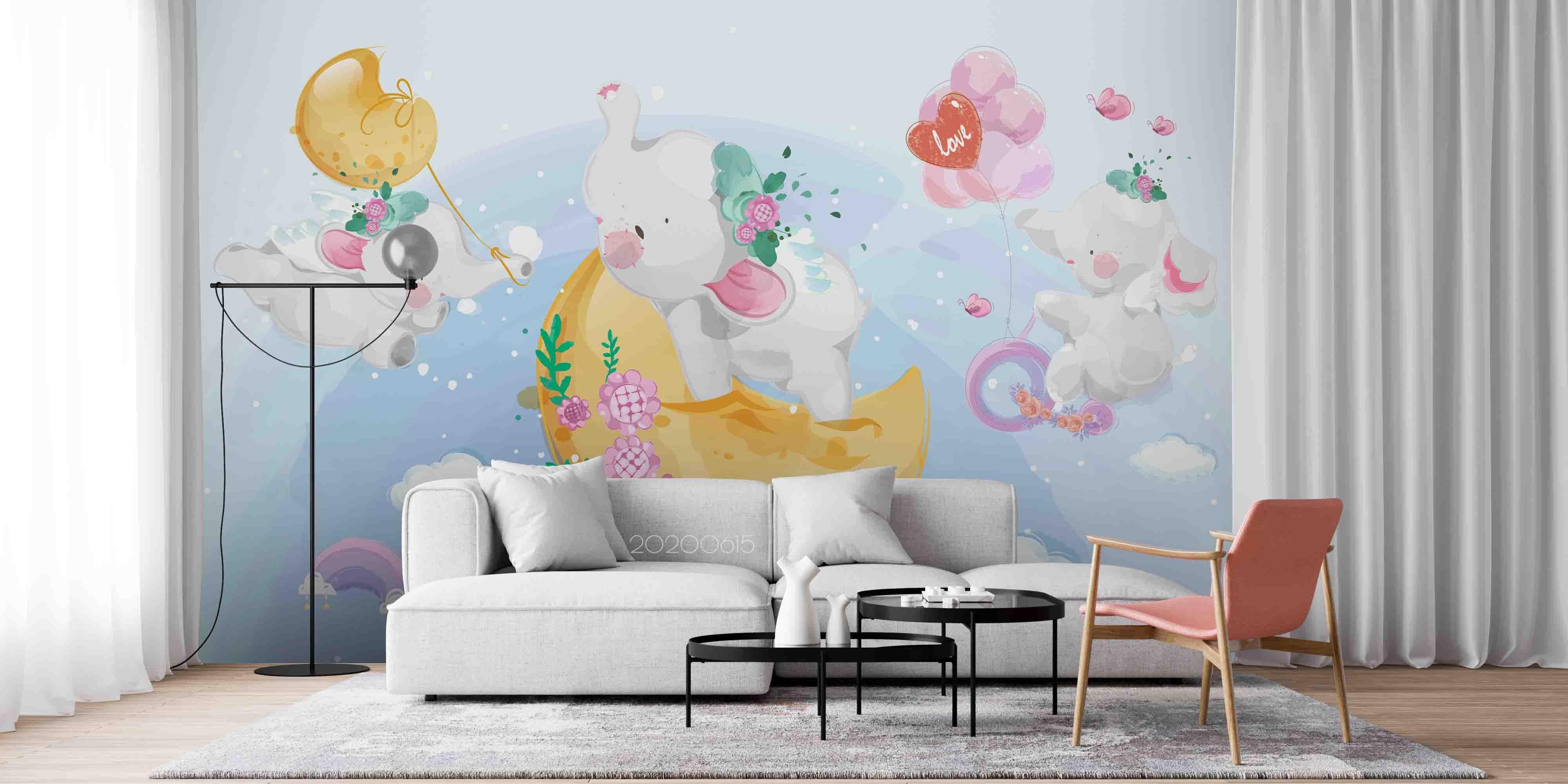 3D Cute Cartoon Elephant Moon Wall Mural Wallpaper A021 LQH- Jess Art Decoration