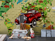 3D Broken Wall Red Car Green Leaf Wall Mural Wallpaper LQH 358- Jess Art Decoration