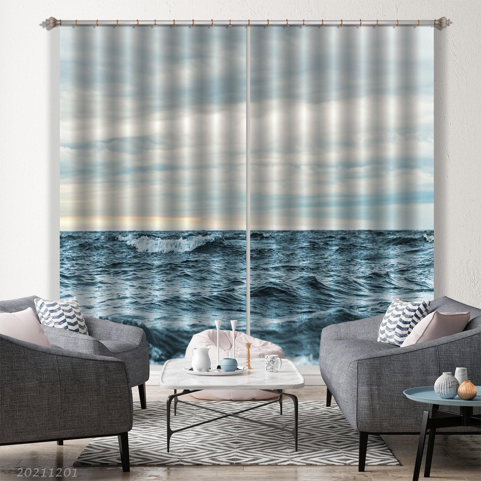 3D Sea Wave Sky Blue Landscape Curtains and Drapes LLL 303- Jess Art Decoration