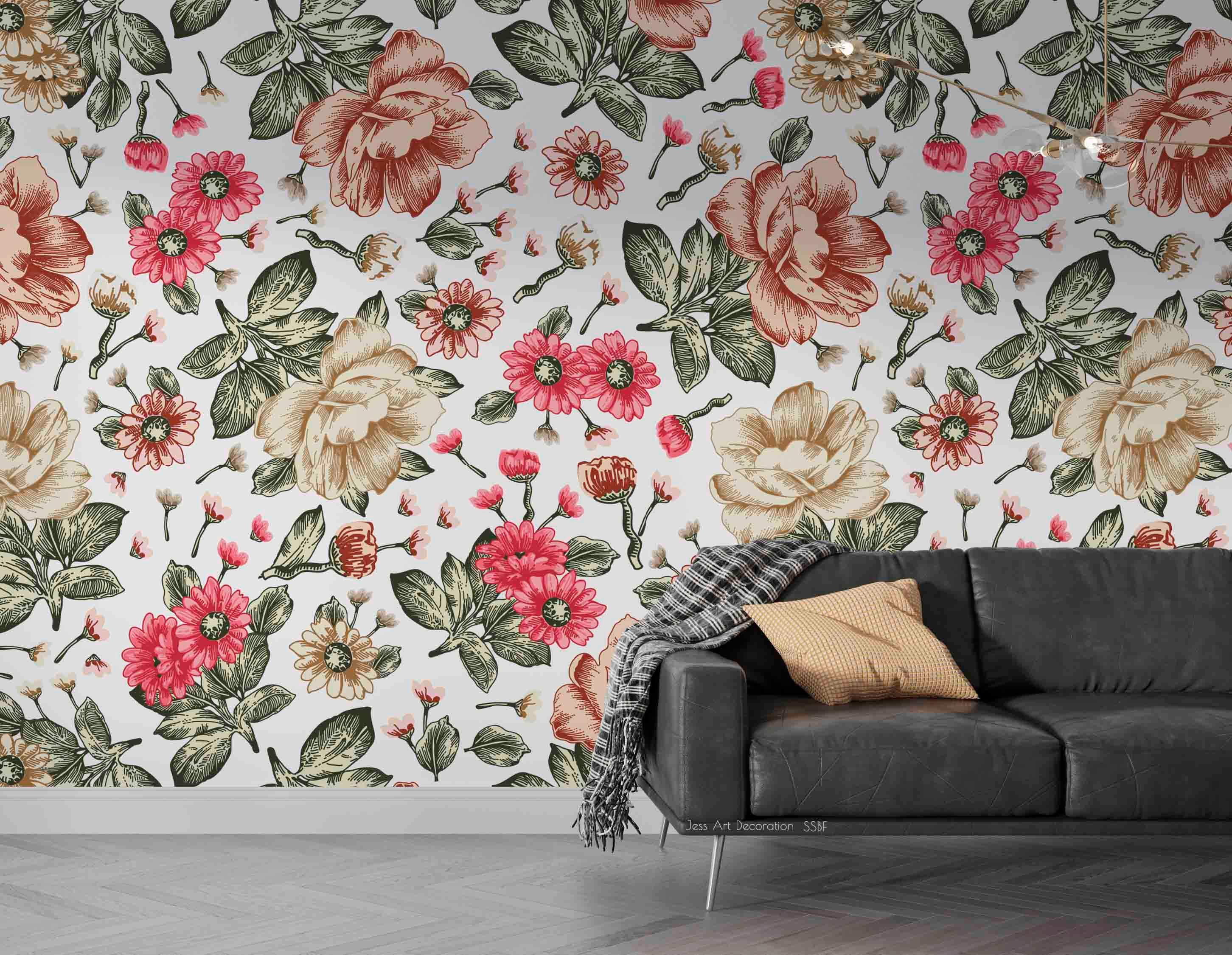 3D Vintage Baroque Art Flowers White Background Wall Mural Wallpaper GD 3600- Jess Art Decoration
