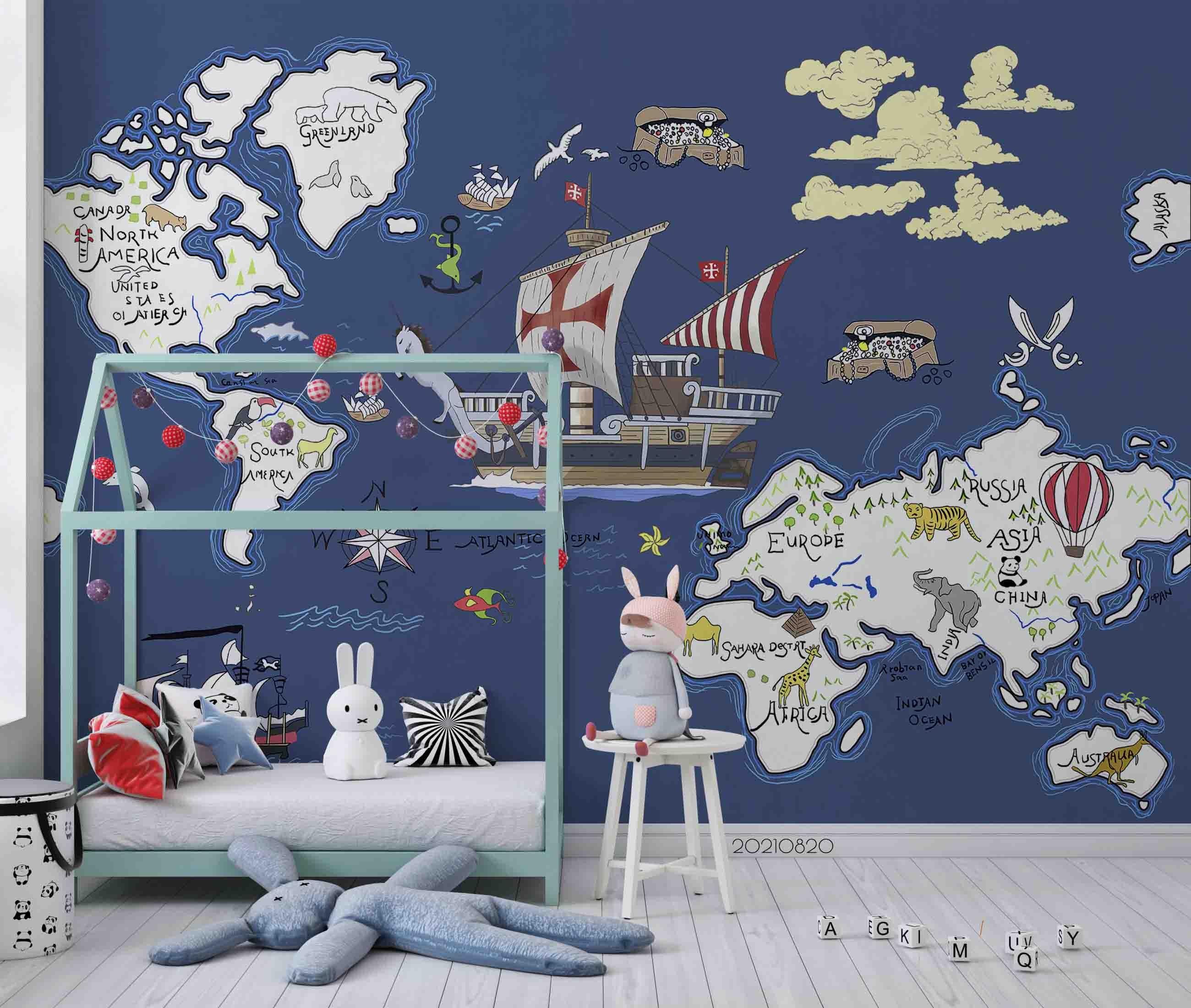 3D Nautical World Map Wall Mural Wallpaper LQH 388- Jess Art Decoration