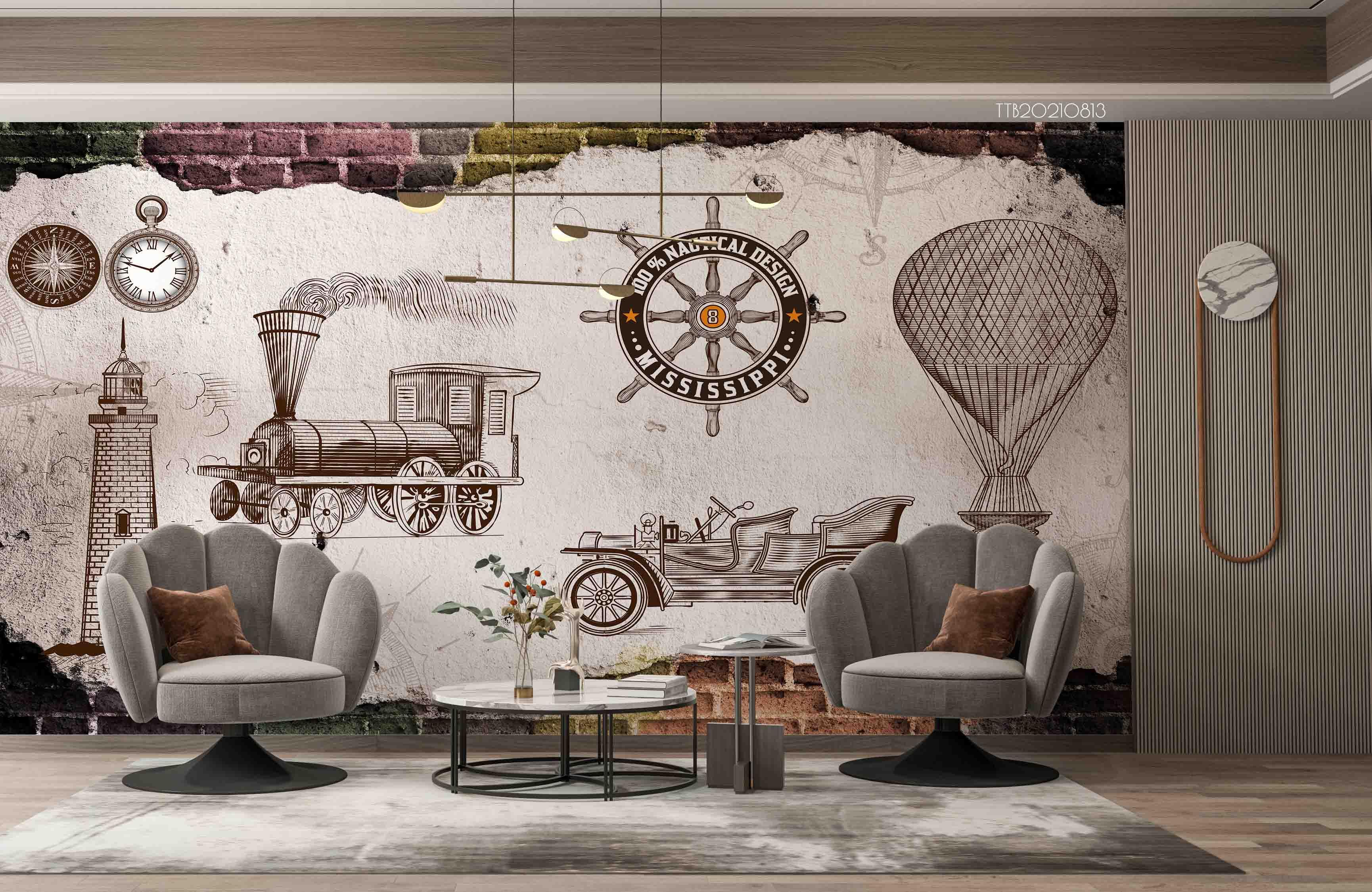3D European Style Retro Train Car Hot Air Balloon Wall Mural Wallpaper 5080- Jess Art Decoration