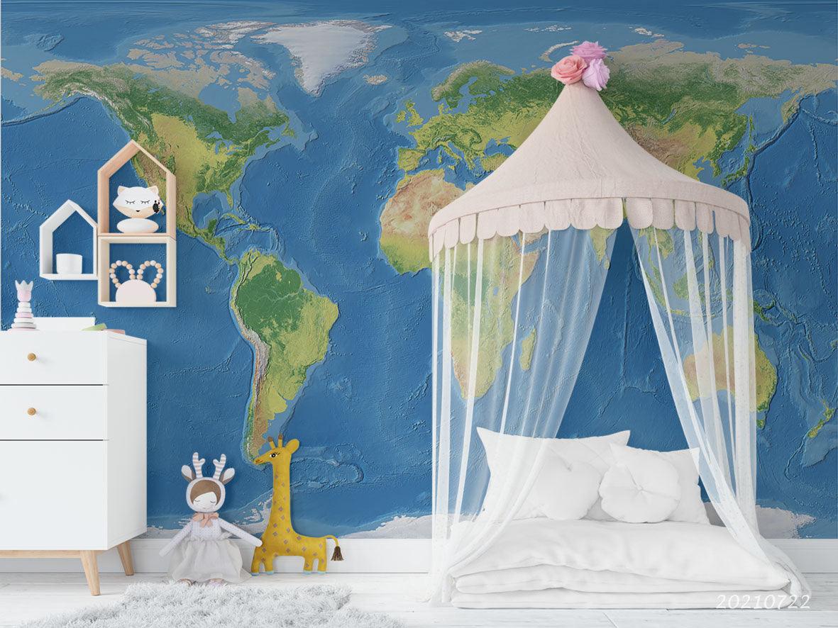 3D Blue World Map Wall Mural Wallpaper LQH 395- Jess Art Decoration