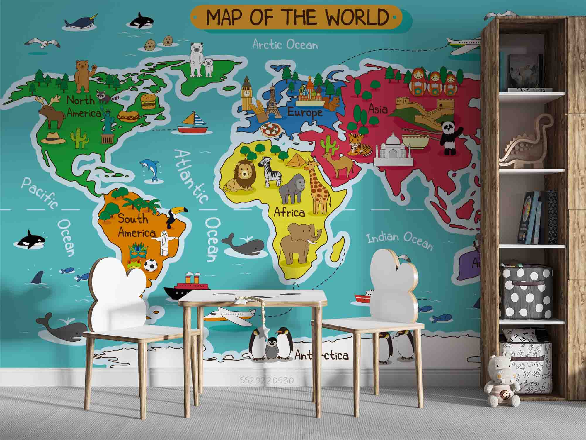 3D World Map Cartoon Animal Building Wall Mural Wallpaper GD 36- Jess Art Decoration