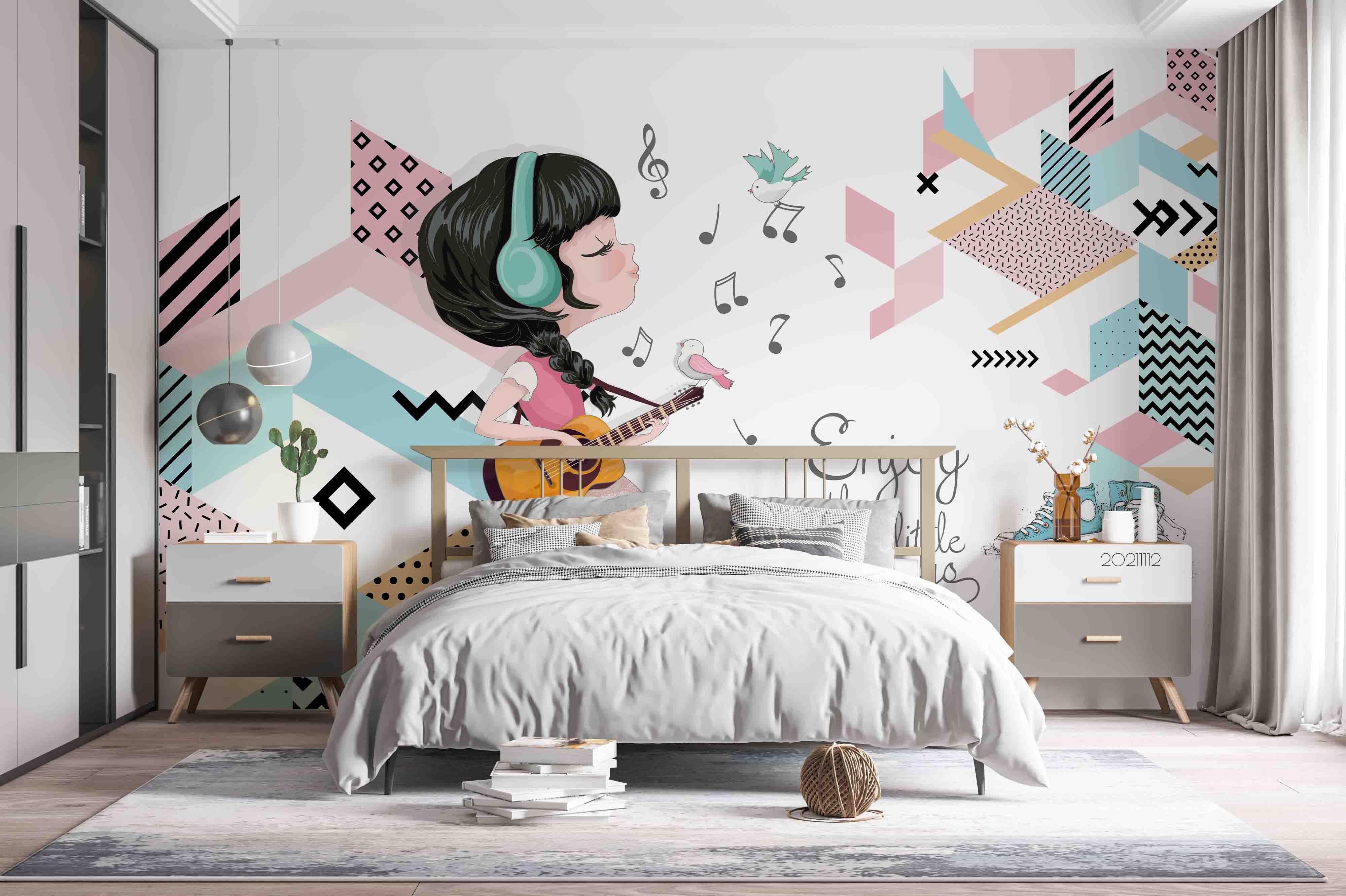 3D Cartoon Girl Music Illustration Wall Mural Wallpaper LQH 28- Jess Art Decoration