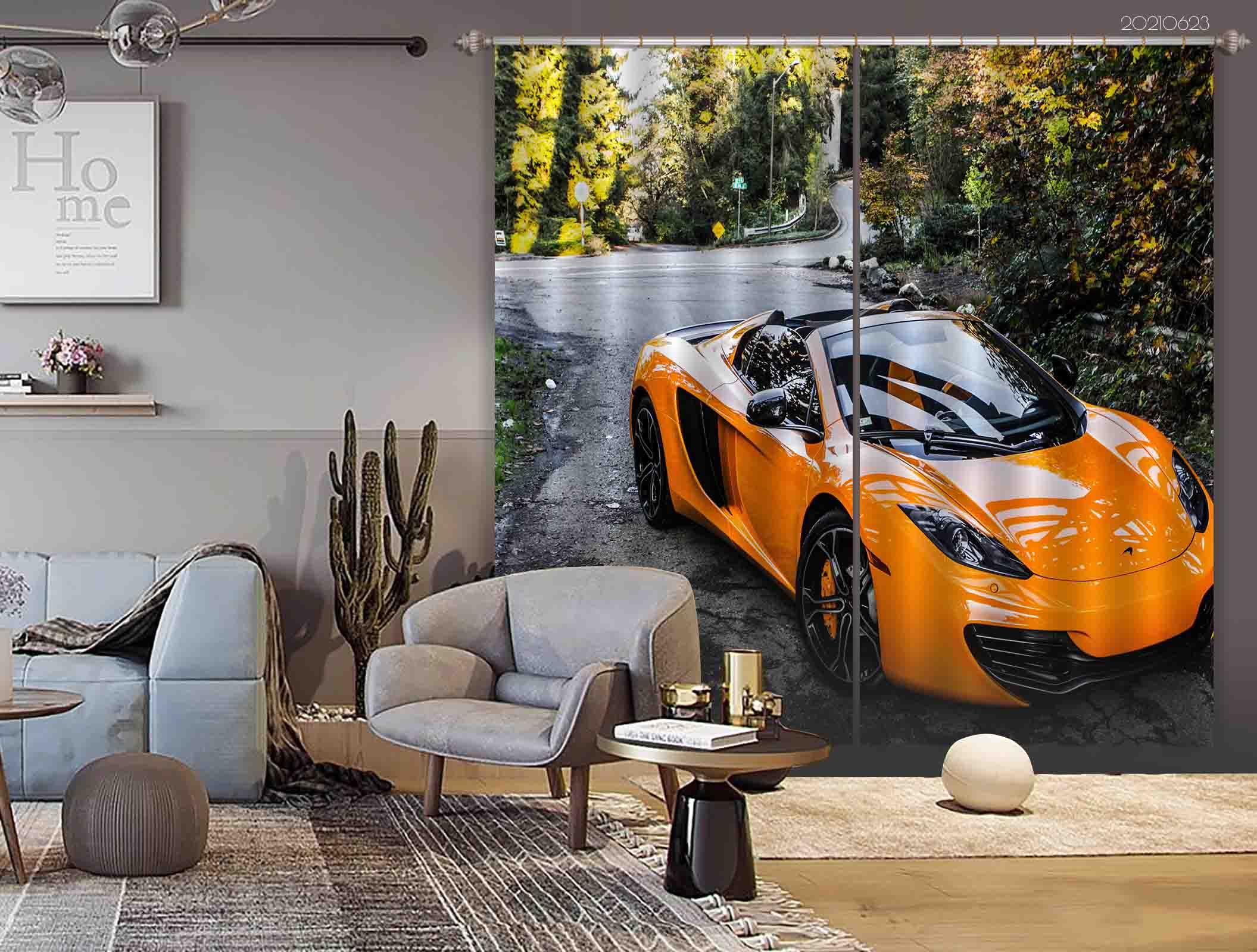 3D Yellow Sports Car Curtains and Drapes LQH 3- Jess Art Decoration