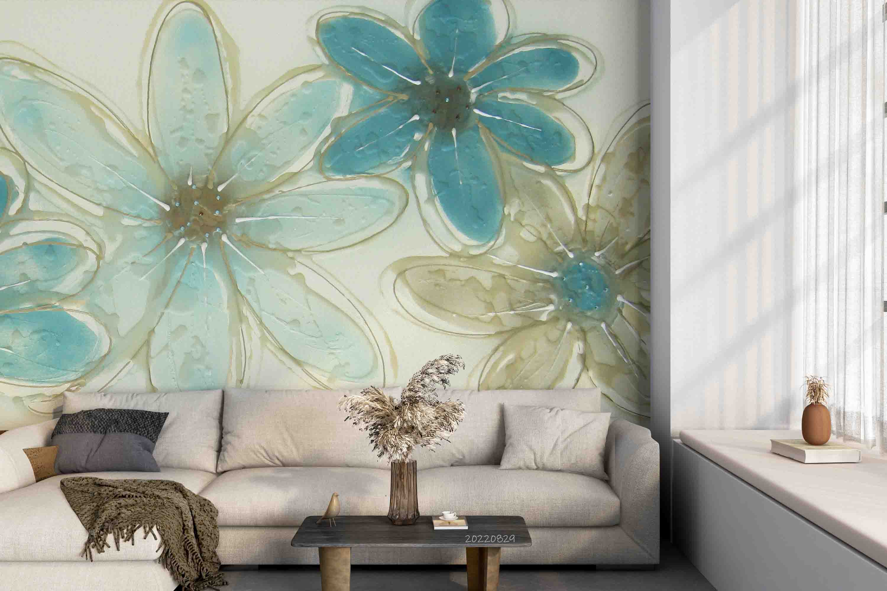 3D Teal Floral Watercolor Wall Mural Wallpaper GD 2667- Jess Art Decoration