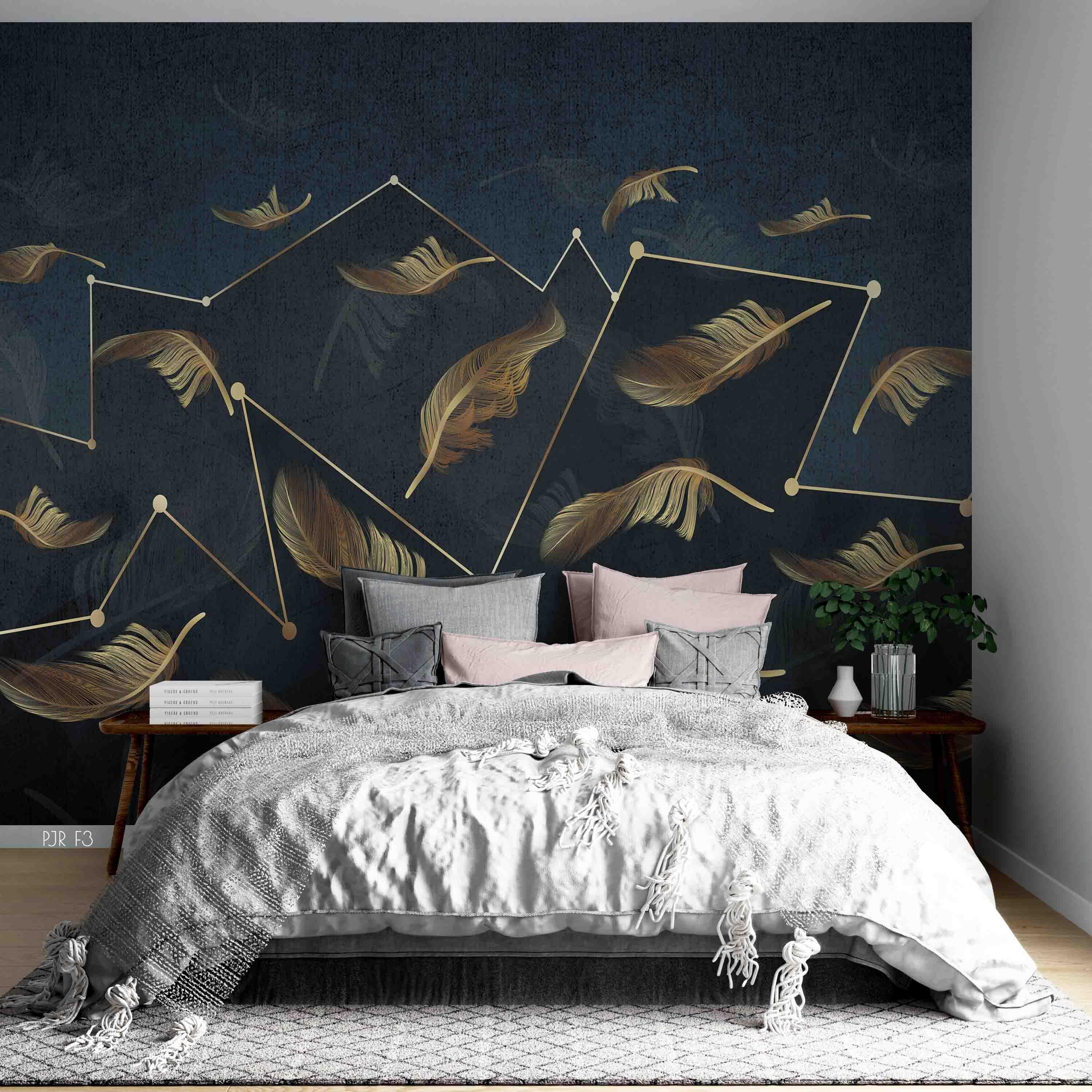 3D Medal Line Feather Dark Blue Wall Mural Wallpaper LXL- Jess Art Decoration