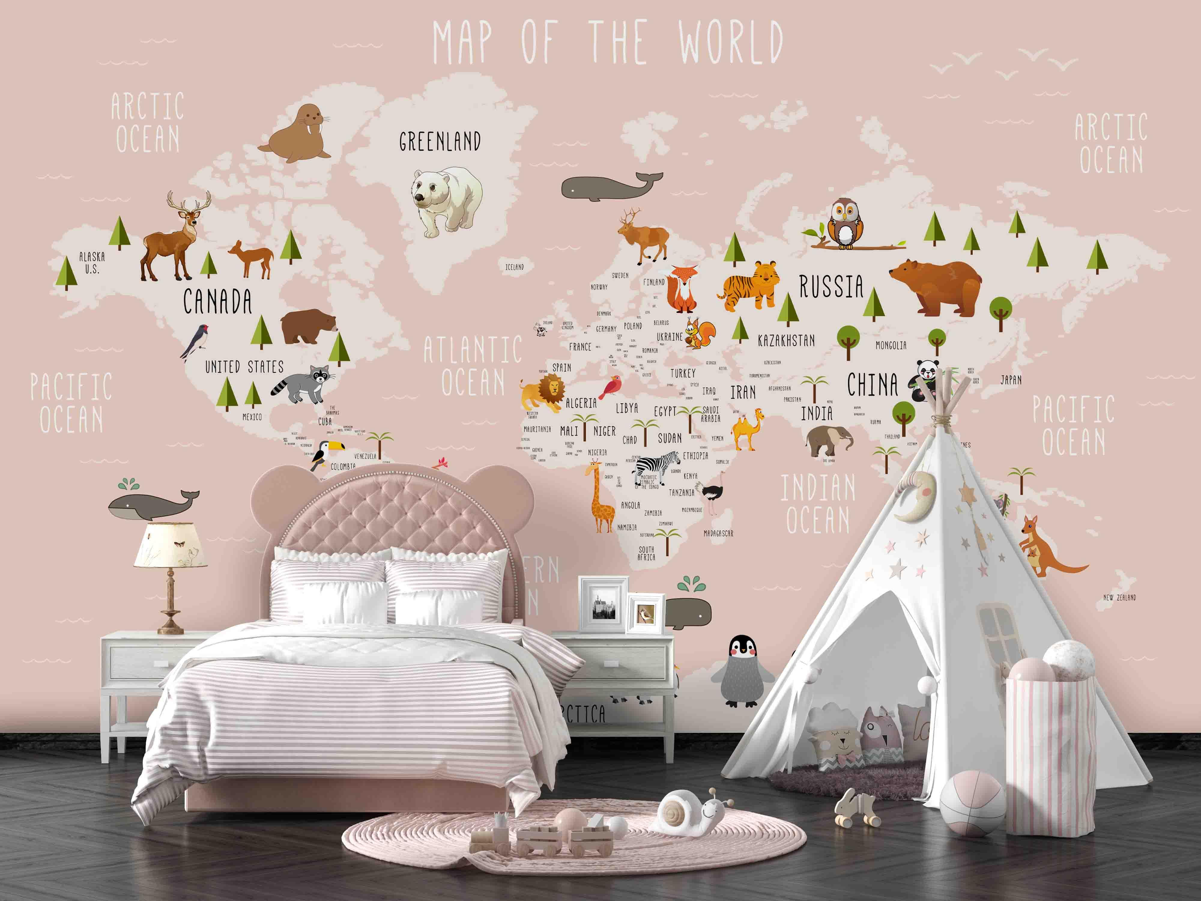 3D Pink Cartoon Animals World Map Wall Mural Wallpaper JN 1496- Jess Art Decoration