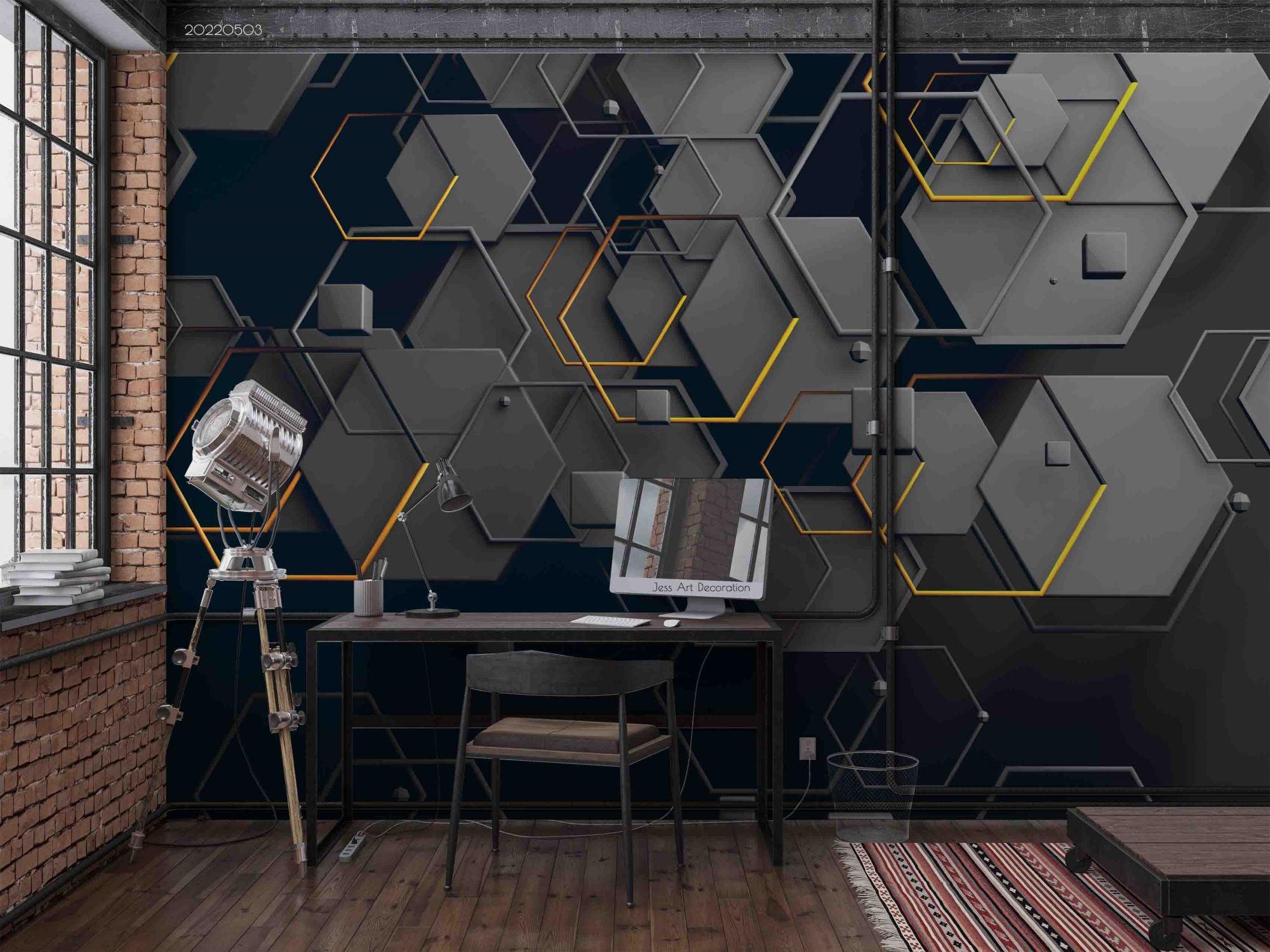 3D Black Geometric Hexagon Wall Mural Wallpaper  SWW  205- Jess Art Decoration