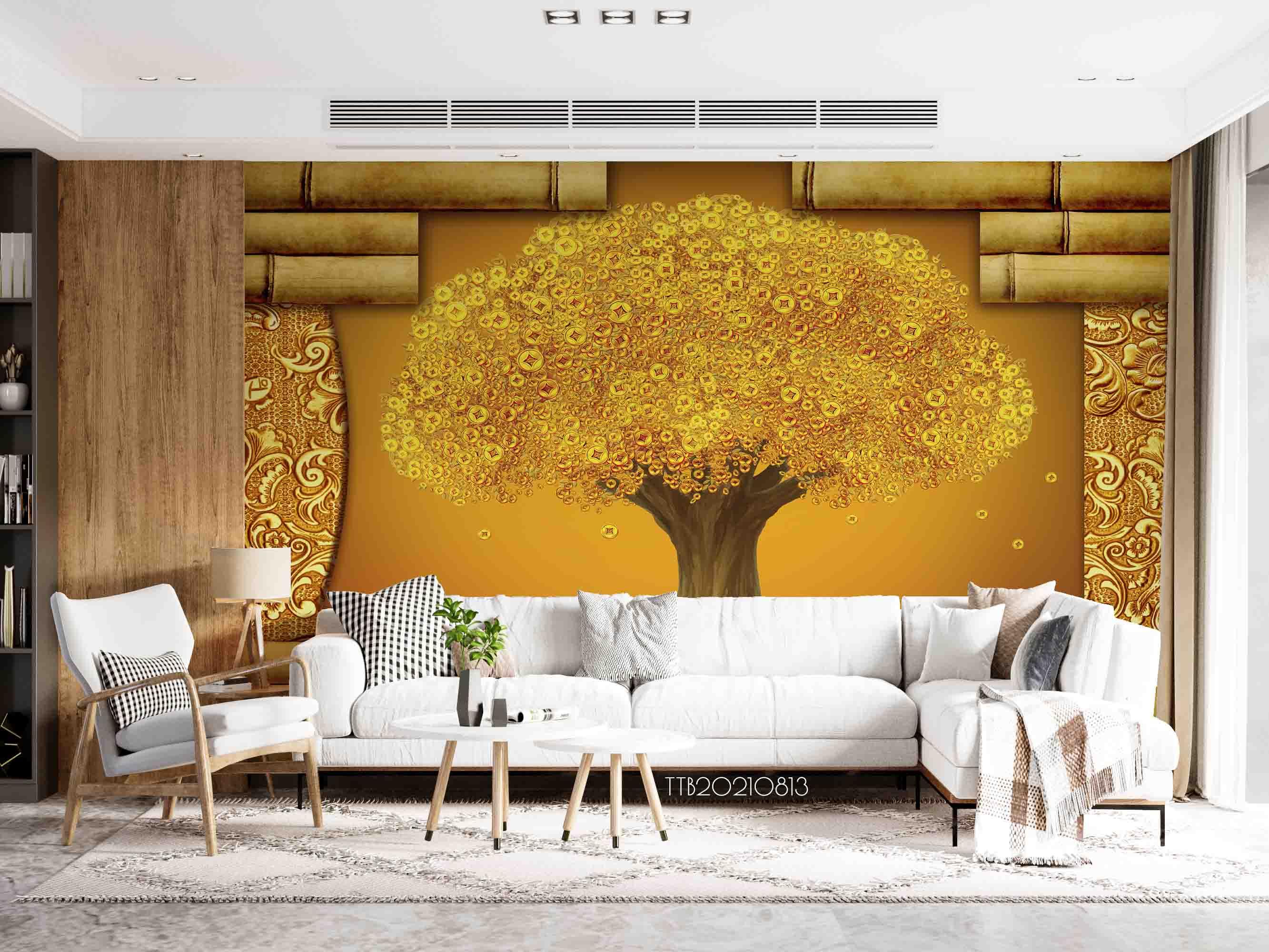 3D Golden Big Tree Wall Mural Wallpaper SWW5081- Jess Art Decoration
