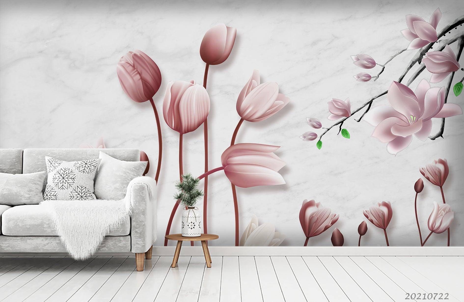 3D Hand Drawn Pink Magnolia Flower Wall Mural Wallpaper LQH 355- Jess Art Decoration