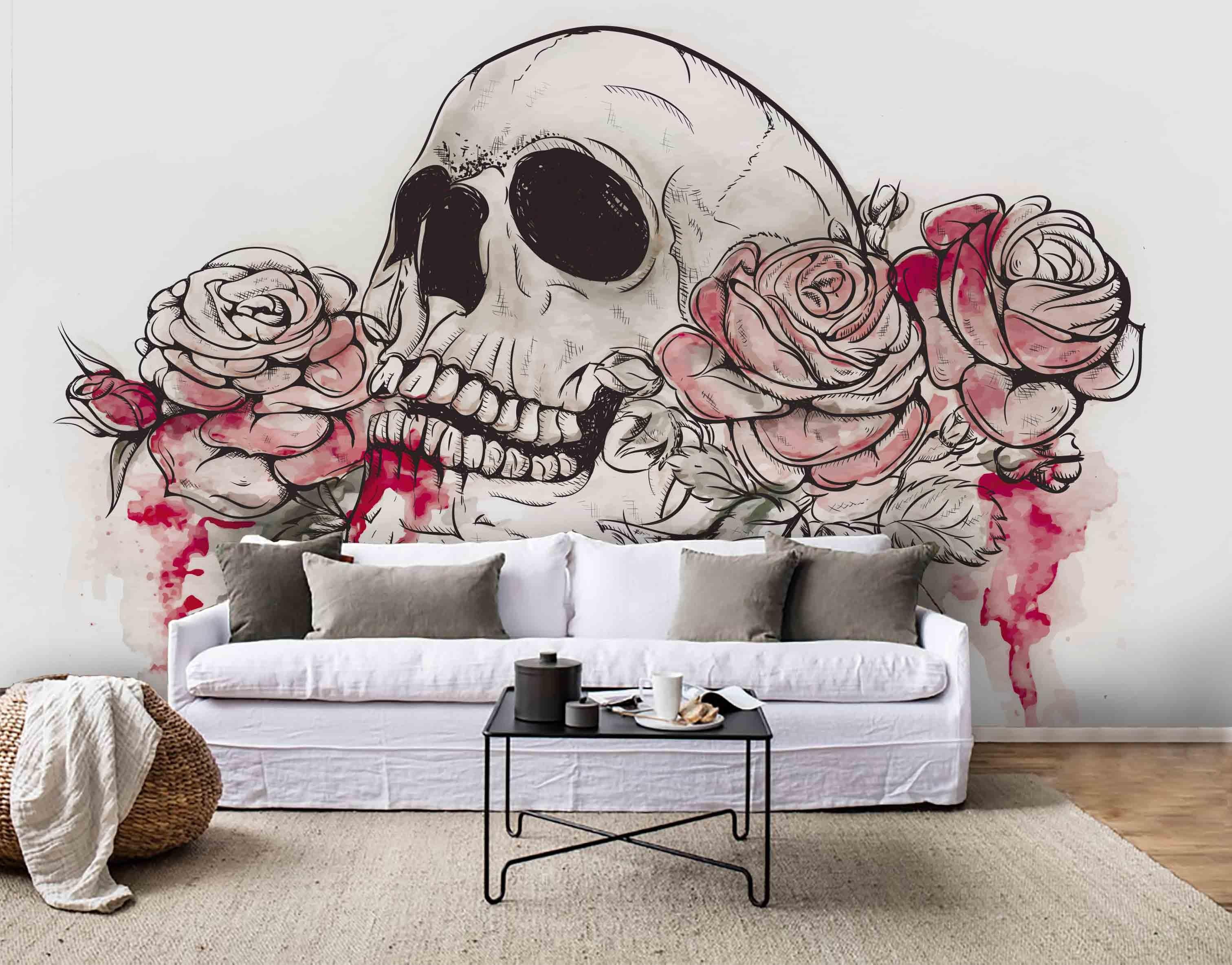 3D Skull Floral skull floral gothic mural wall mural wallpaper for bedroom - view 4