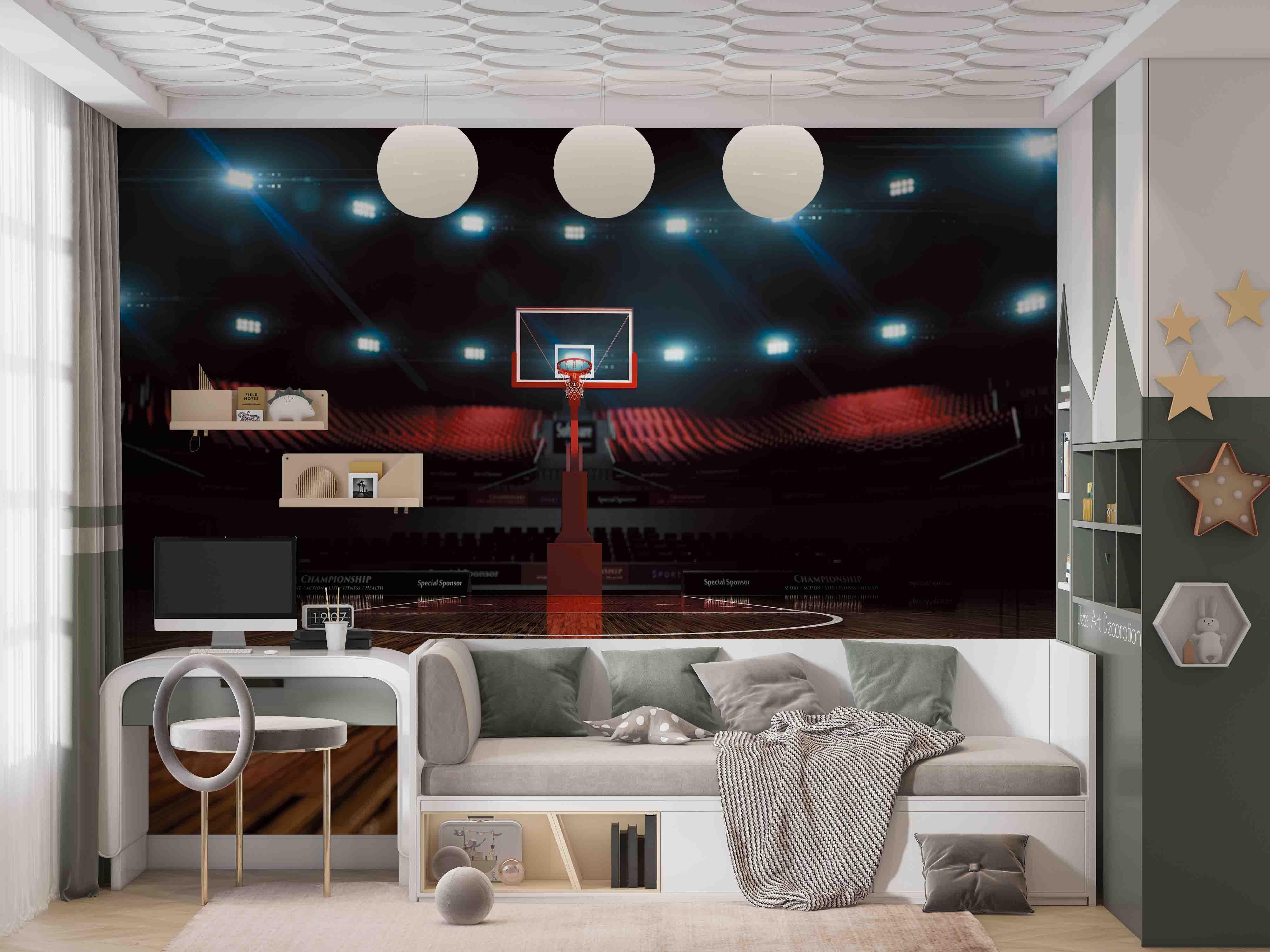 3D Basketball Arena Basket Floor Stand Wall Mural Wallpaper GD 2637- Jess Art Decoration