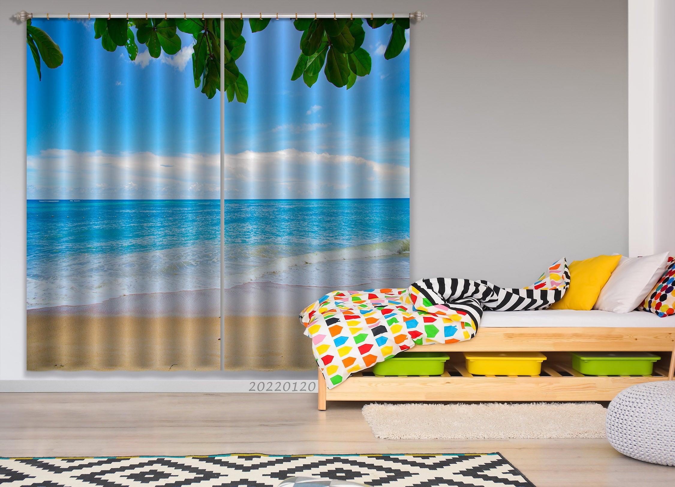 3D Blue Sea Beach Green Leaf Curtains and Drapes GD 1649- Jess Art Decoration