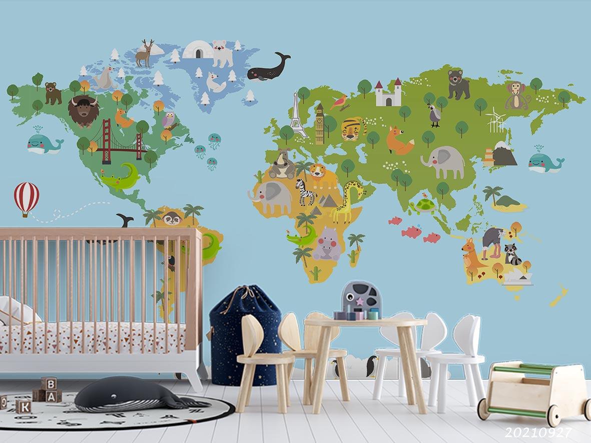 3D Blue World Map Kids Wall Mural Wallpaper LQH 153- Jess Art Decoration