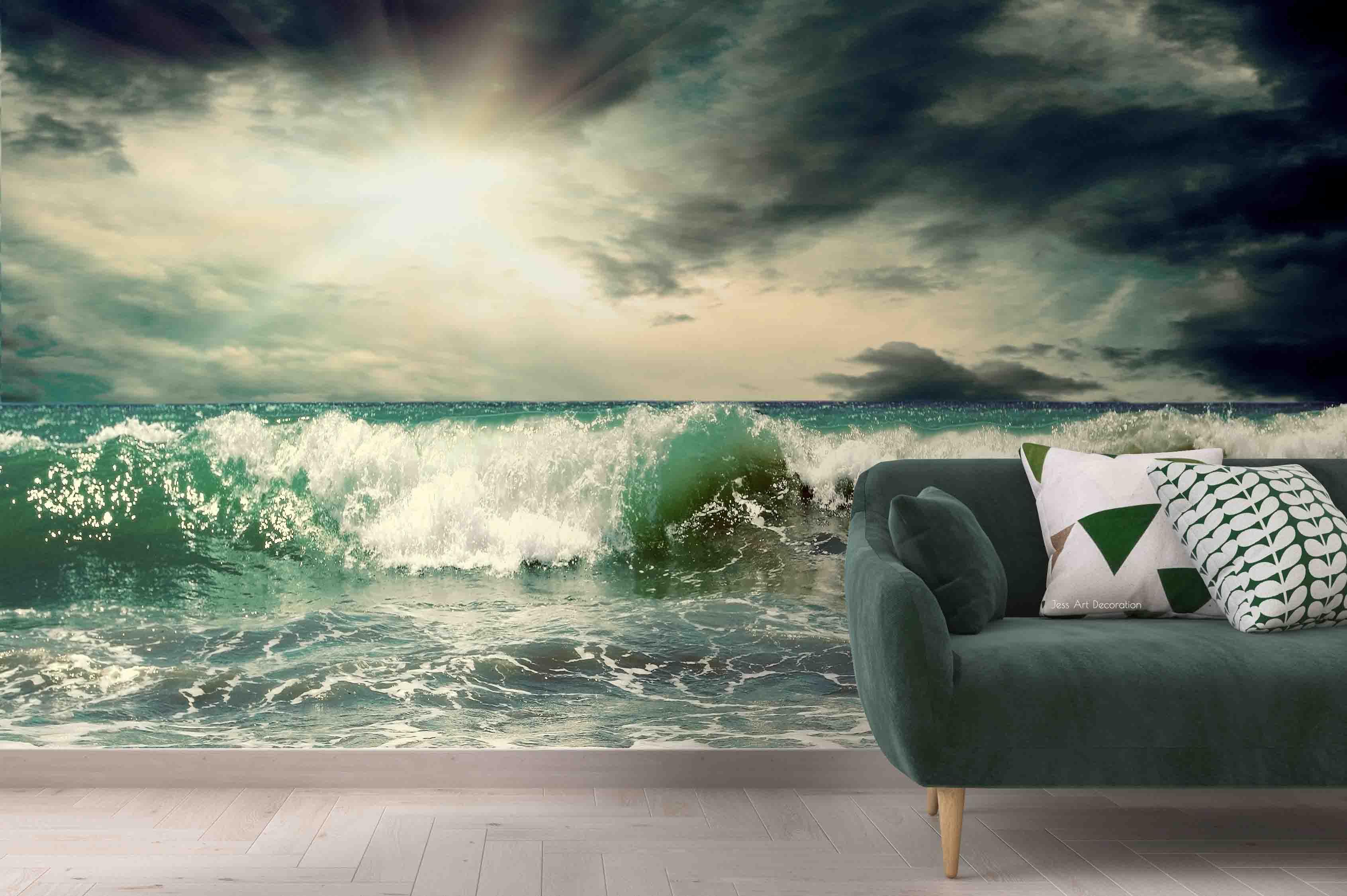 3D Green Sea Waves Dark Clouds Wall Mural Wallpaper GD 2362- Jess Art Decoration