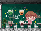 3D Cartoon Green Background Bubble Tea Pearl Tea Milk Tea Shop Wall Mural Wallpaper JN 08- Jess Art Decoration