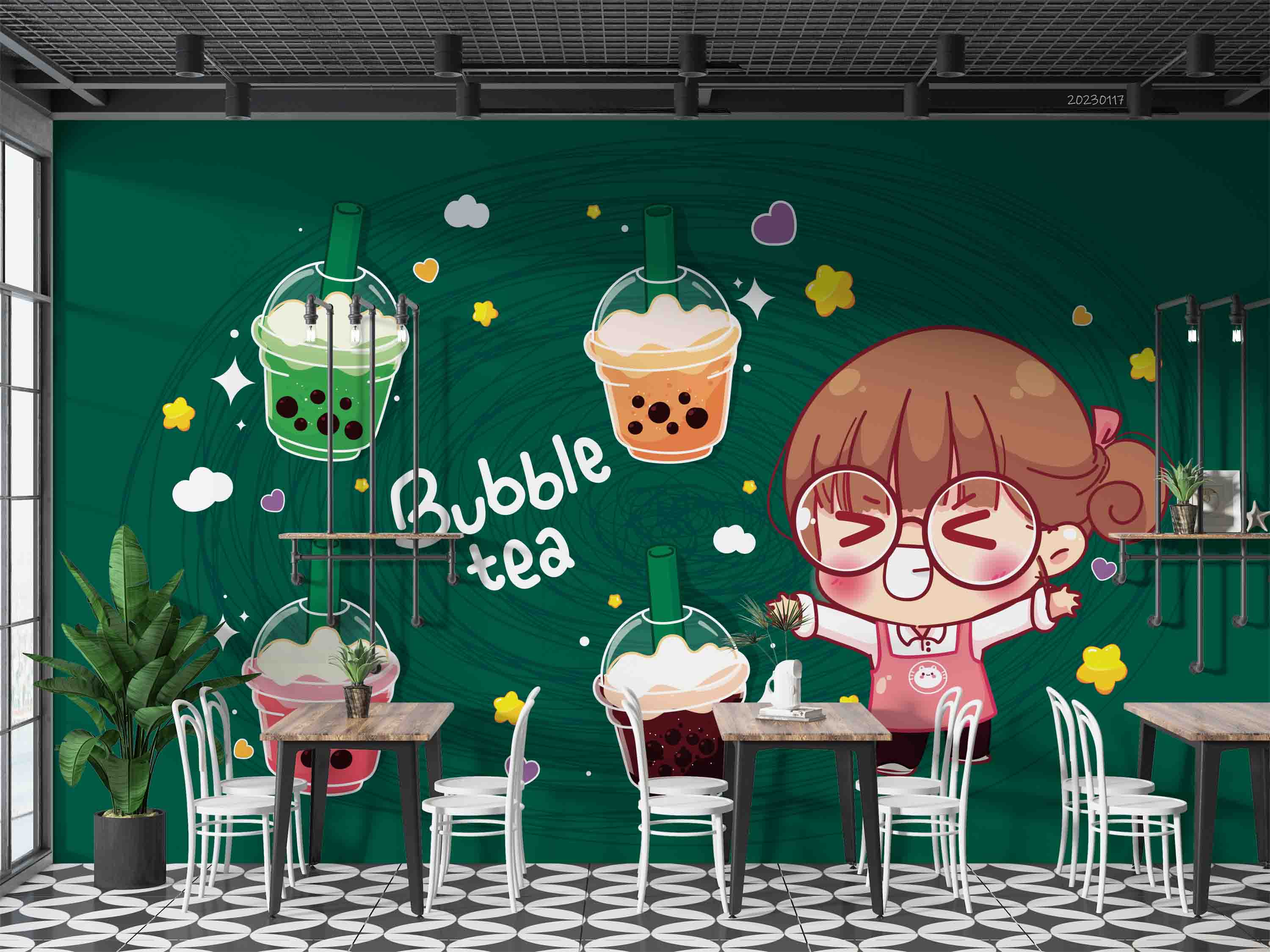 3D Cartoon Green Background Bubble Tea Pearl Tea Milk Tea Shop Wall Mural Wallpaper JN 08- Jess Art Decoration
