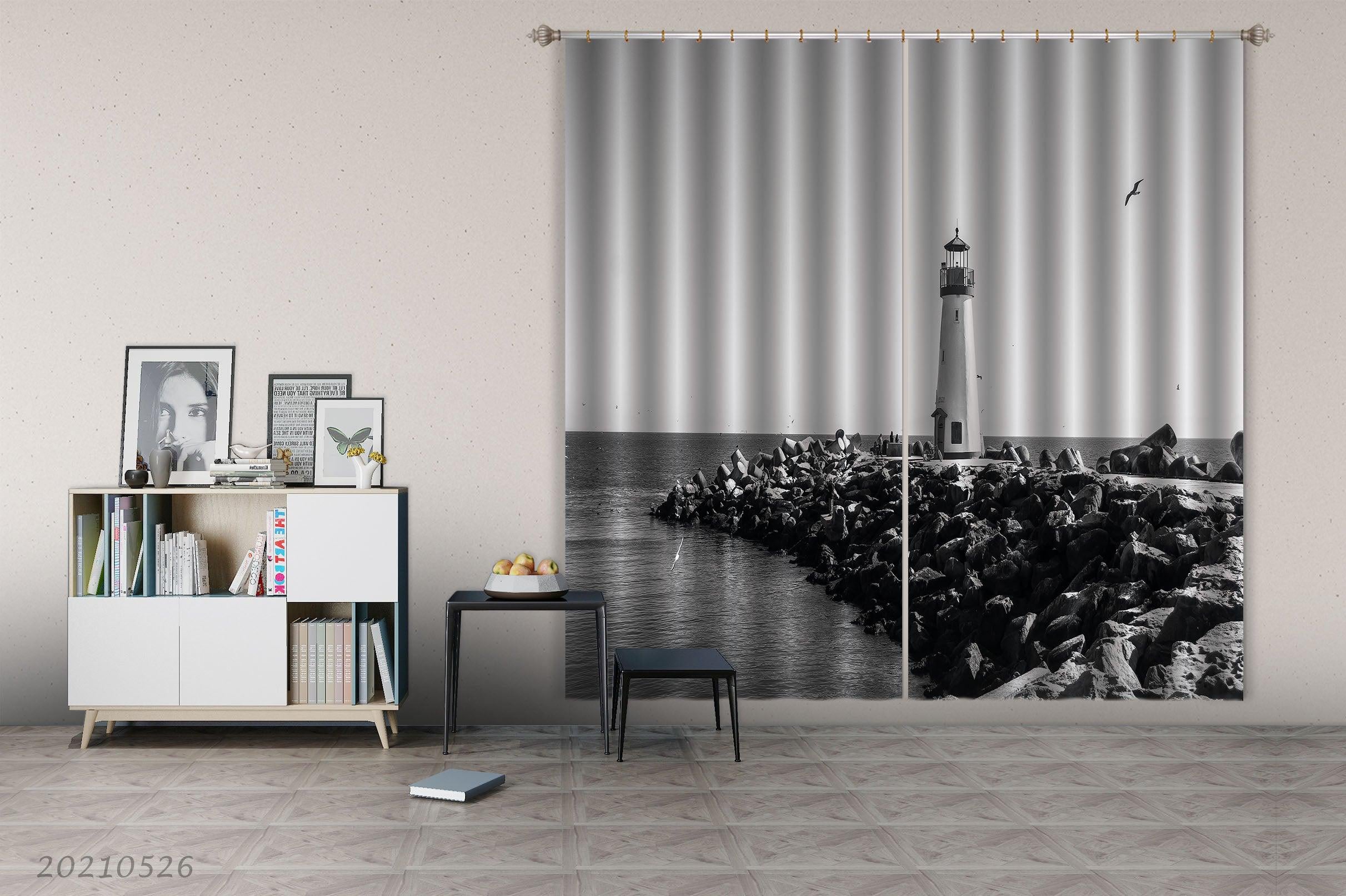 3D Lighthouse Reef Road Sea Seagull Curtains and Drapes GD 457- Jess Art Decoration