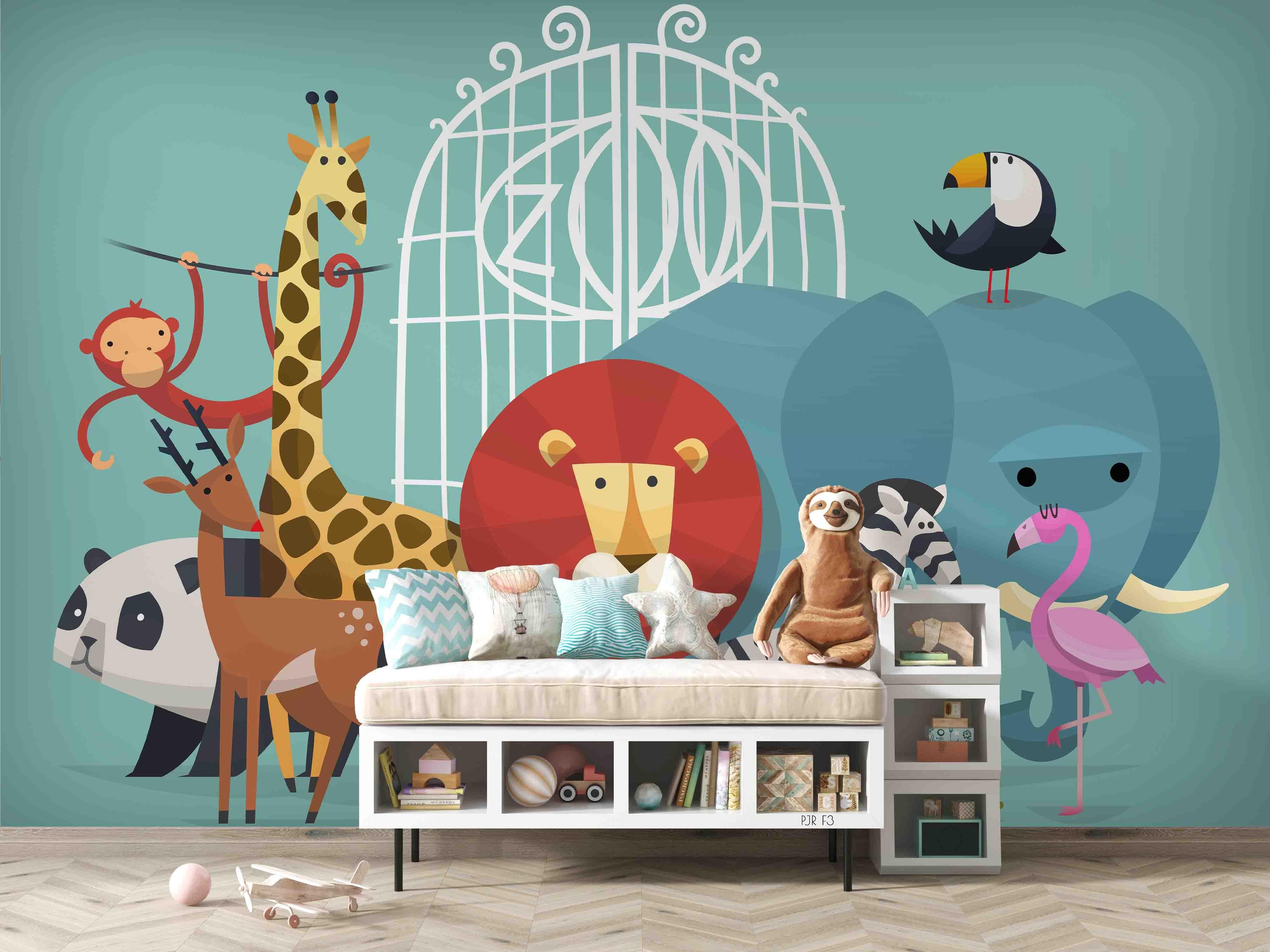 3D Safari Animal Parade cartoon safari animal mural wall mural wallpaper for playroom - view 4