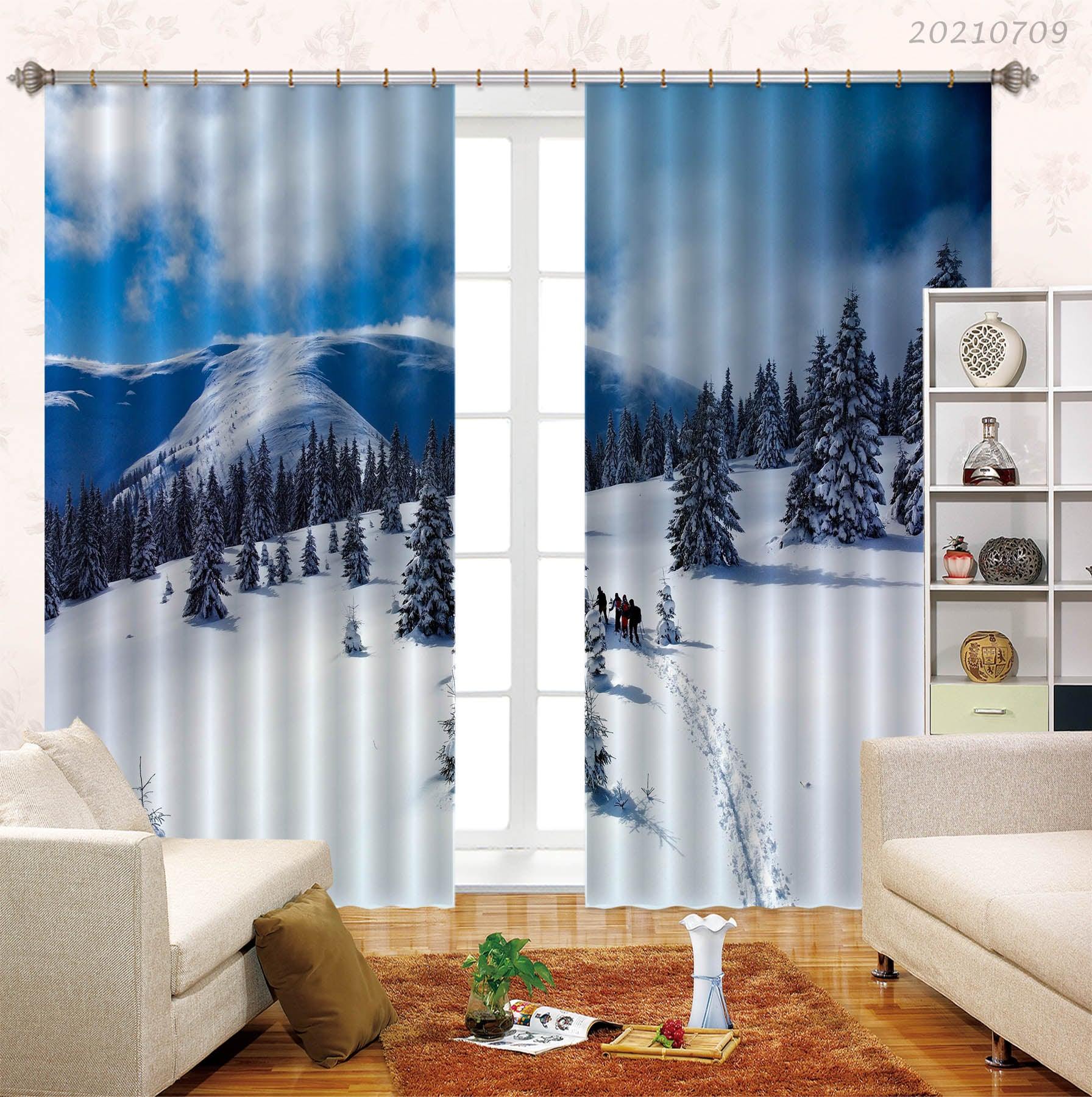 3D Sky Snow Mountain Forest Landscape Curtains and Drapes LQH 70- Jess Art Decoration
